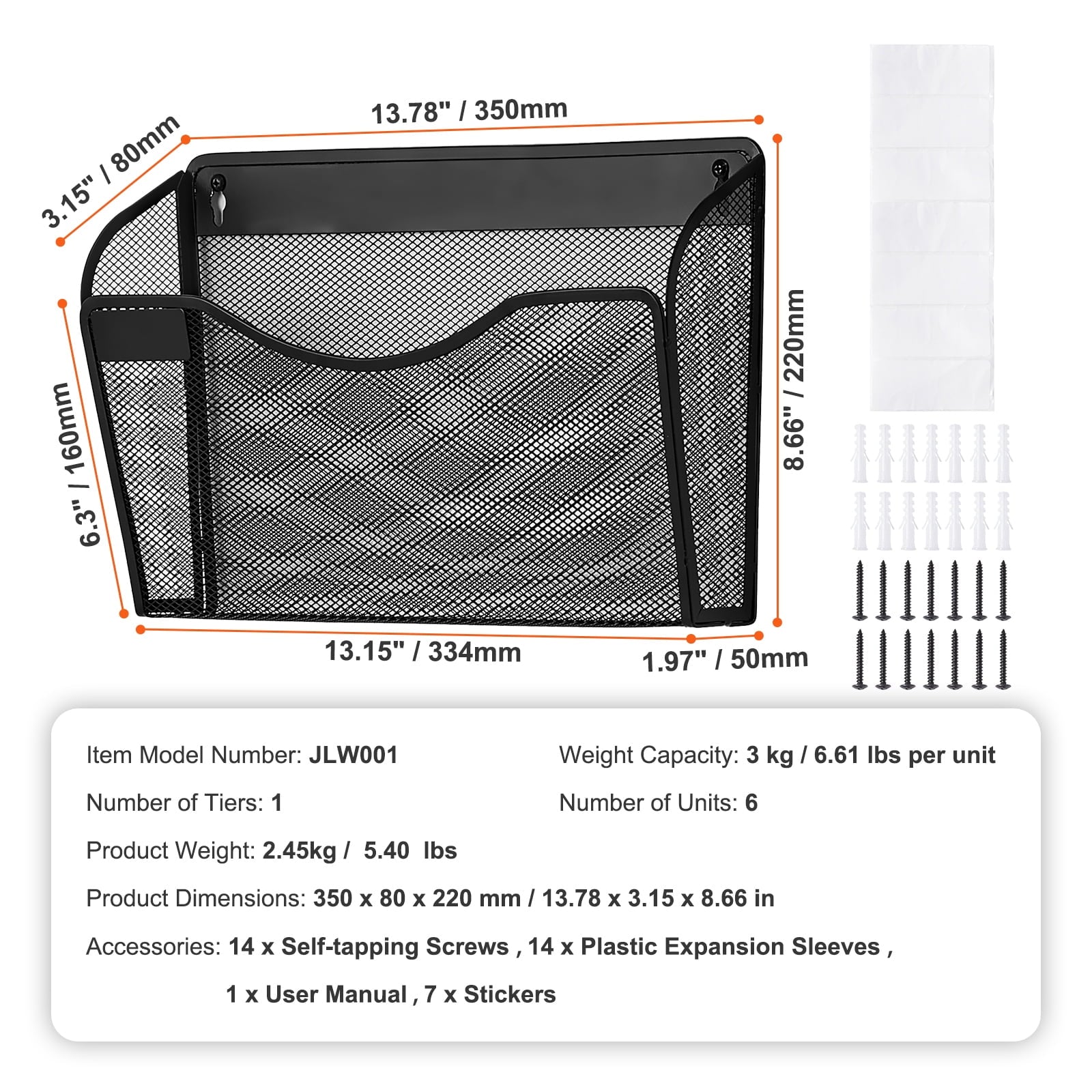 KFFKFF Wall File Rack, 6-Unit Single Pocket Mesh Organizer, Wall-Hanging Magazine, Mail, Document & Paper Storage Folder, Metal Wall-Mounted - Image 5