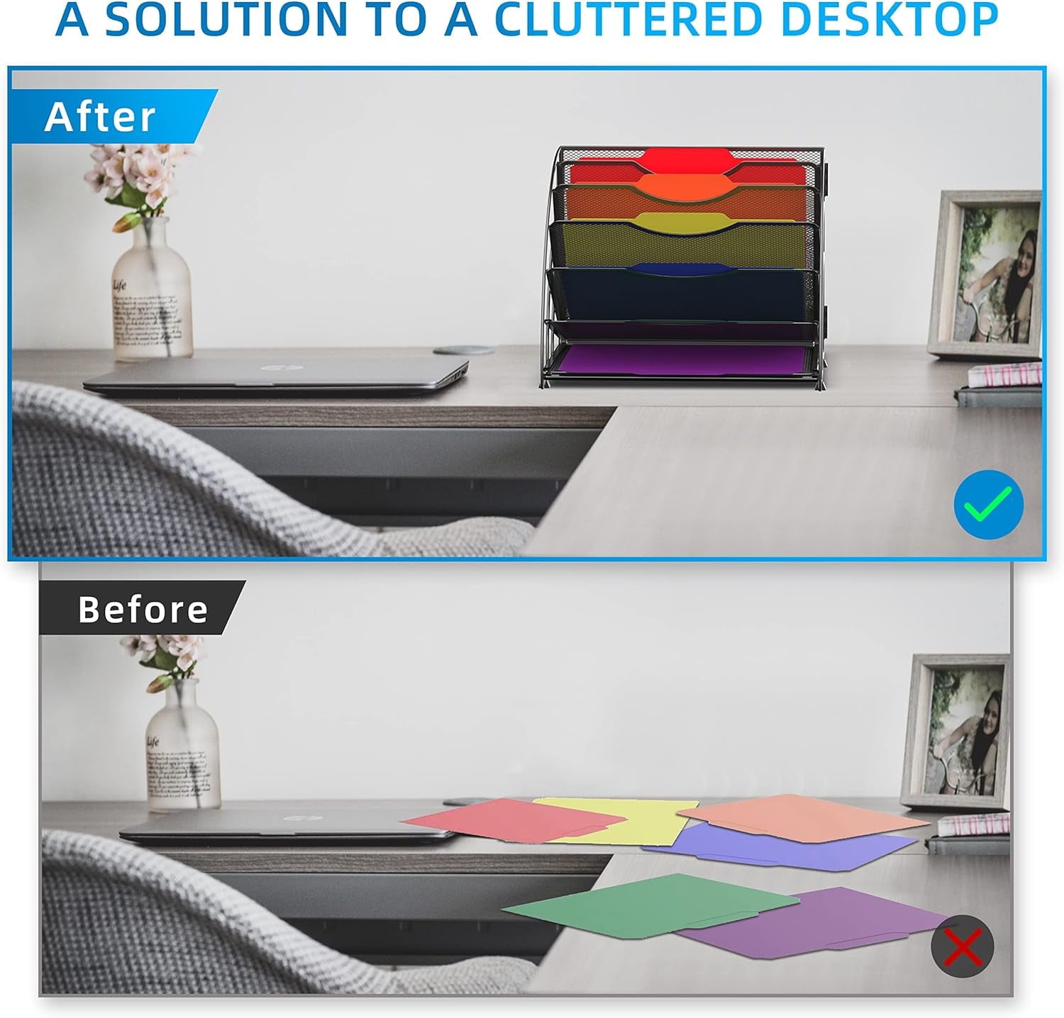 Fan Shaped Desk File Organizer, 6 Compartments,Desk Storage for Office, Black - Image 2