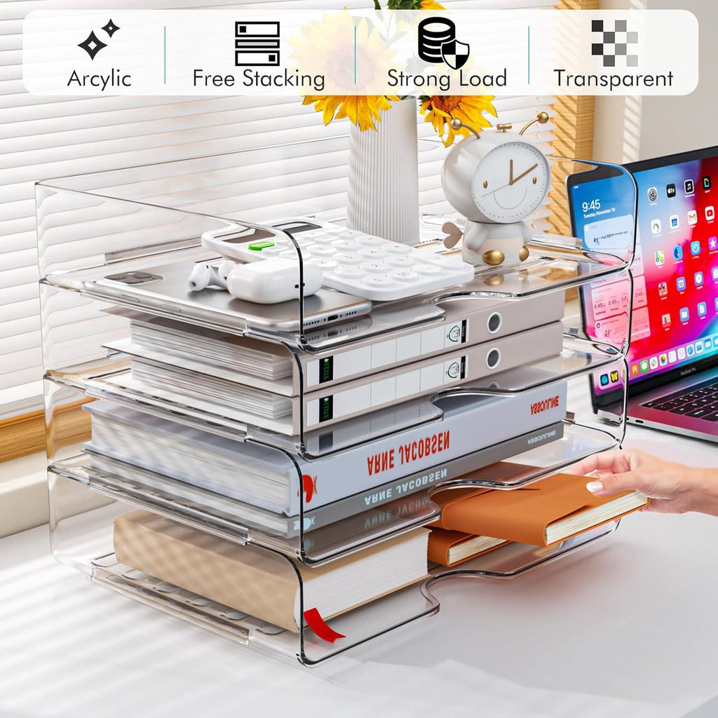 Paper Organizer Letter Tray, 4 Pack Acrylic Stackable Desk File Organizer,Clear File Organizer for Desk, Office Organizer for File Paper, Ip - Image 2