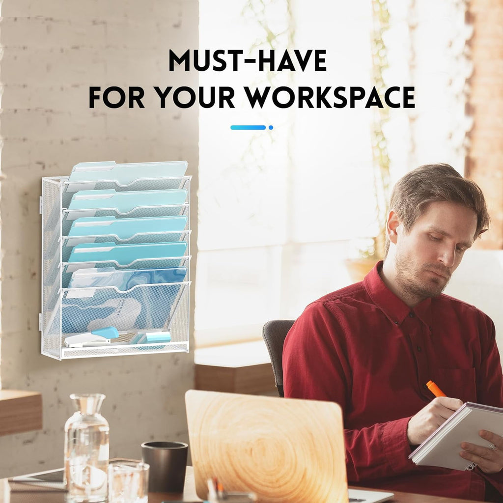 6-Tier Metal Wall File Organizer, Wall Mounted Paper Organizer, White, Assemble - Image 2
