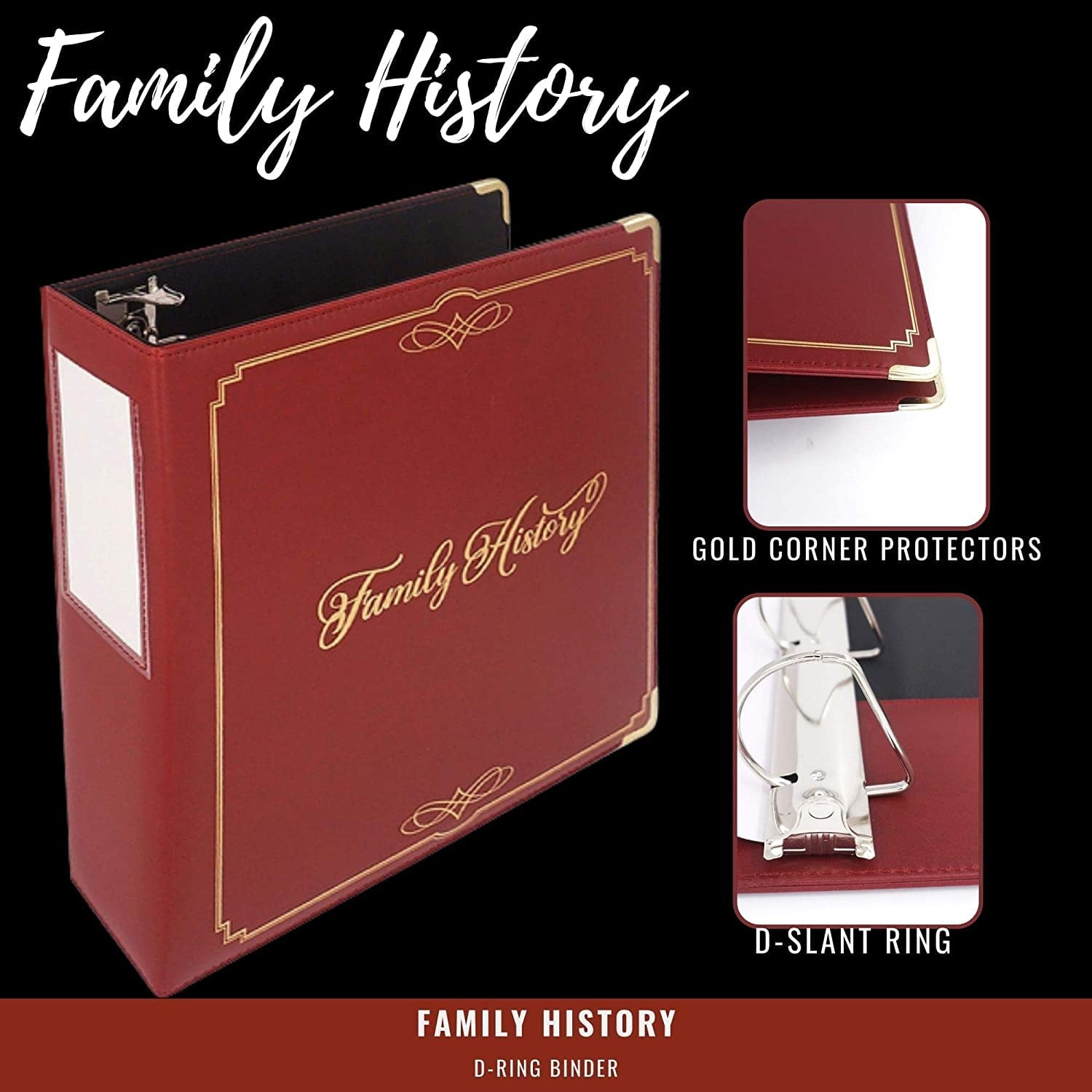 Family History Binder, Burgundy Padded PVC Slant D-Ring, Genealogy Binder Organizer with Gold Artwork, 1 Sheet Lifter and Pen Loop for Famil - Image 5