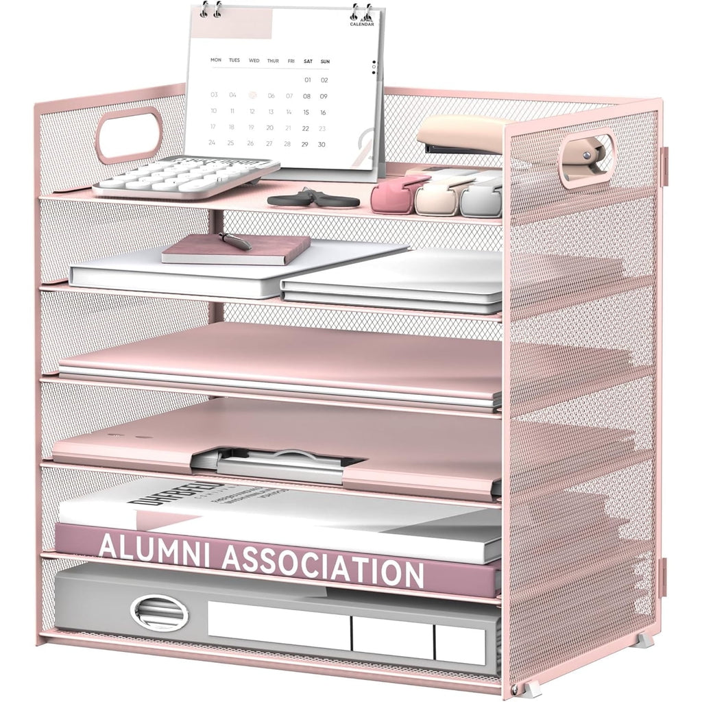 6 Tier Paper Organizer for Desk, Paper Letter Tray Organizer, Metal Mesh Desk File Organizers with Handle for Office/...