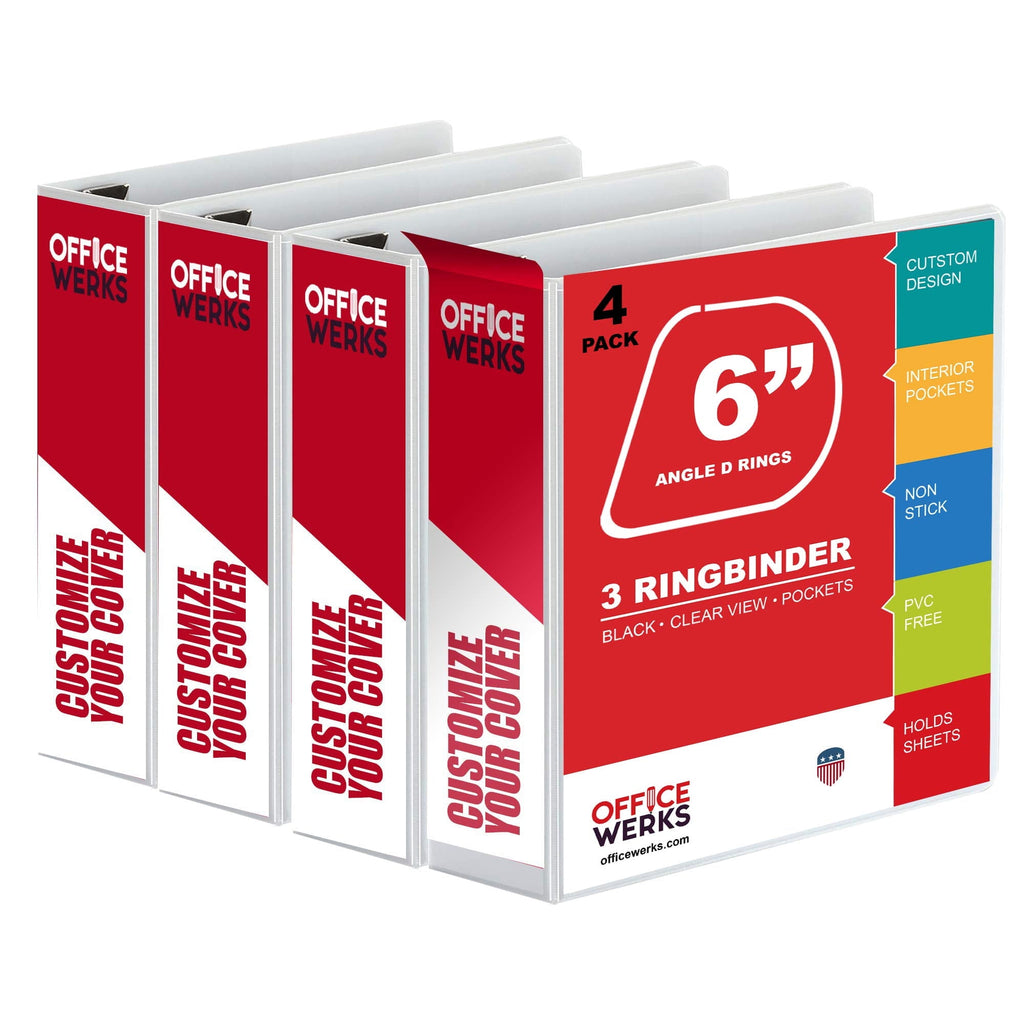 6-in White, 4-Pack, Heavy Duty Slant D-Rings,1100+ Sheet Capacity, Binder Locking, 3 Ring Binder, Clear View, Pockets (6.5 Inch Spine)