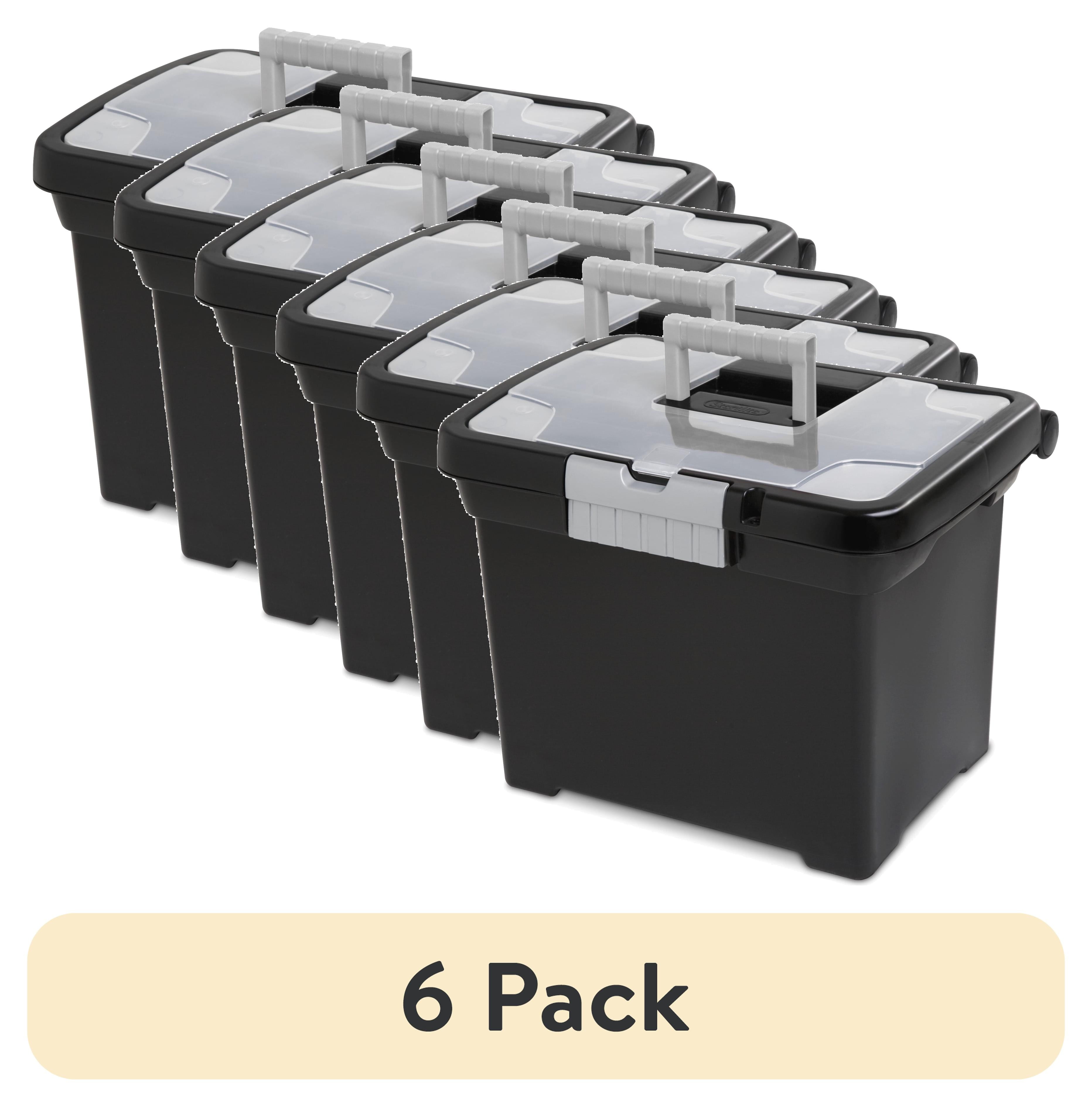 (6 pack) Portable File Box, Letter-Size Plastic File Storage Box with Handle and Divided Lid Storage Compartment, Black