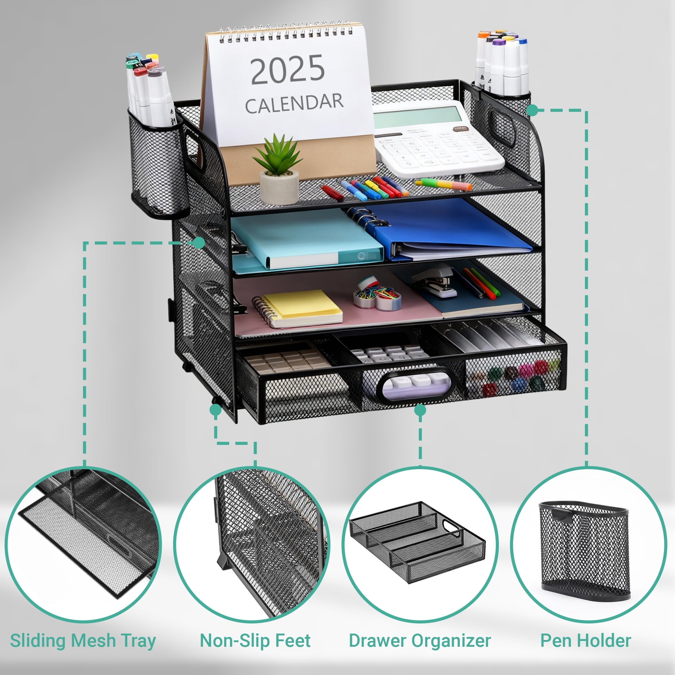 Desk Organizer, 4-Tier Paper Letter File Organizers with 2 Pen Holder, Mesh Desktop Organizer for Office Organization... - Image 5