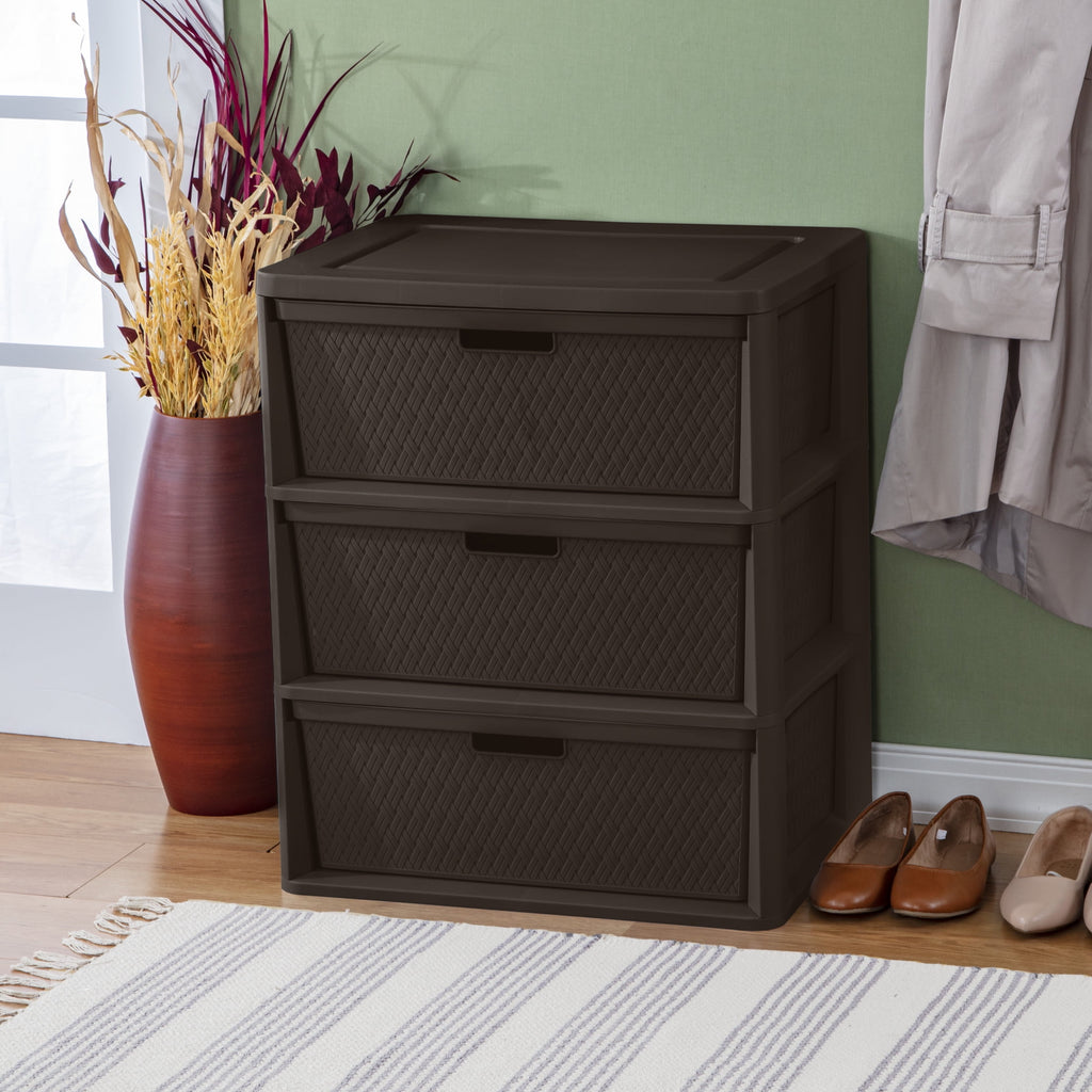 Wide 3 Drawer Tower, Plastic Storage Organizer with Removable Decorative Bins, Easy to Assemble - No Tools Needed, Brown - Image 5