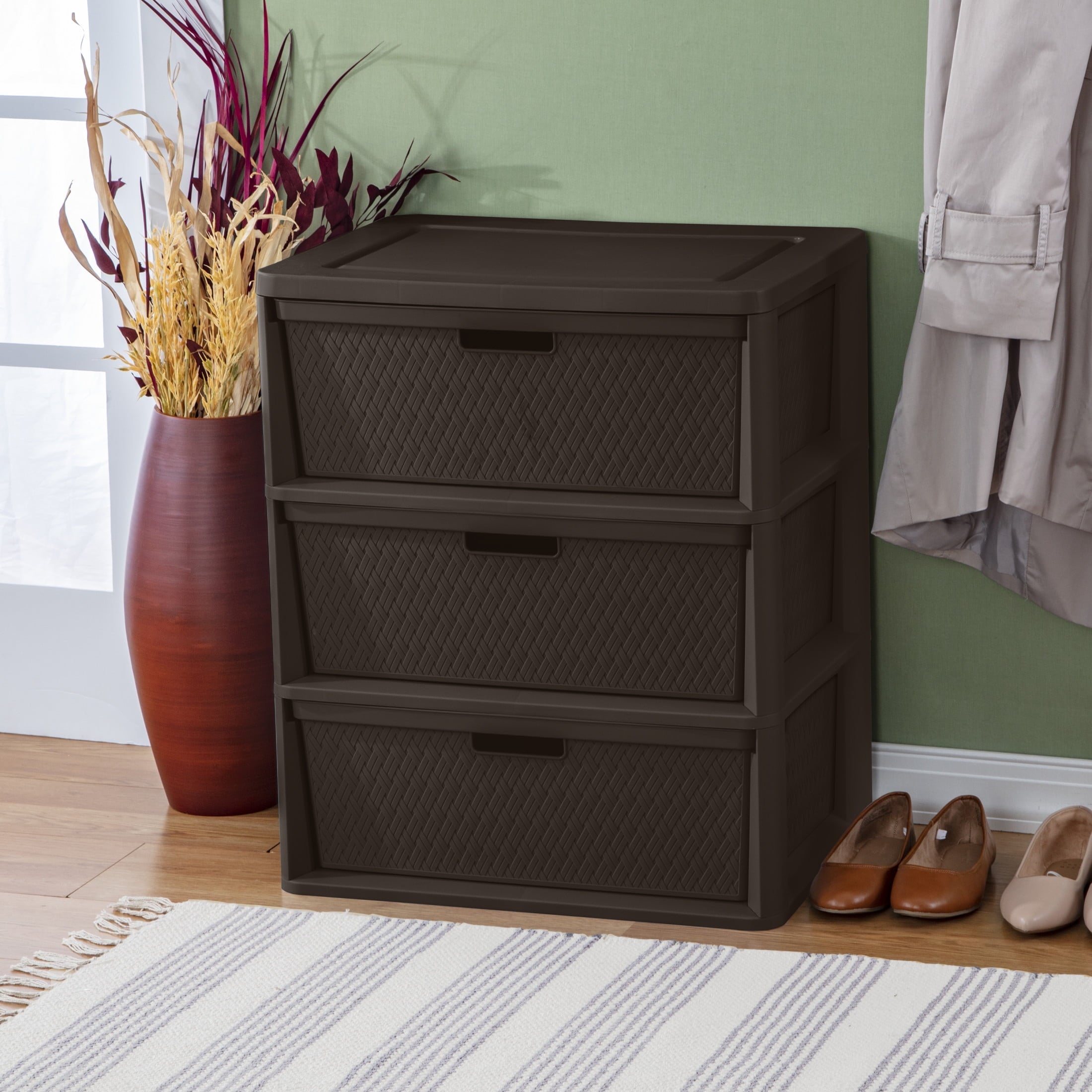 Wide 3 Drawer Tower, Plastic Storage Organizer with Removable Decorative Bins, Easy to Assemble - No Tools Needed, Brown - Image 5