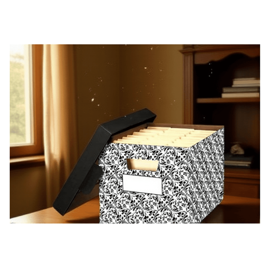 Decorative Storage Boxes with Lids, 4 Pack - Brocade File Boxes for Home & Office - Stackable Paper Organizer Contain... - Image 4