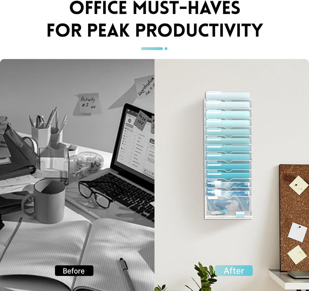 13-Tier Wall File Organizer, Metal Hanging Mounted Paper Rack, White, Screw Installation - Image 4