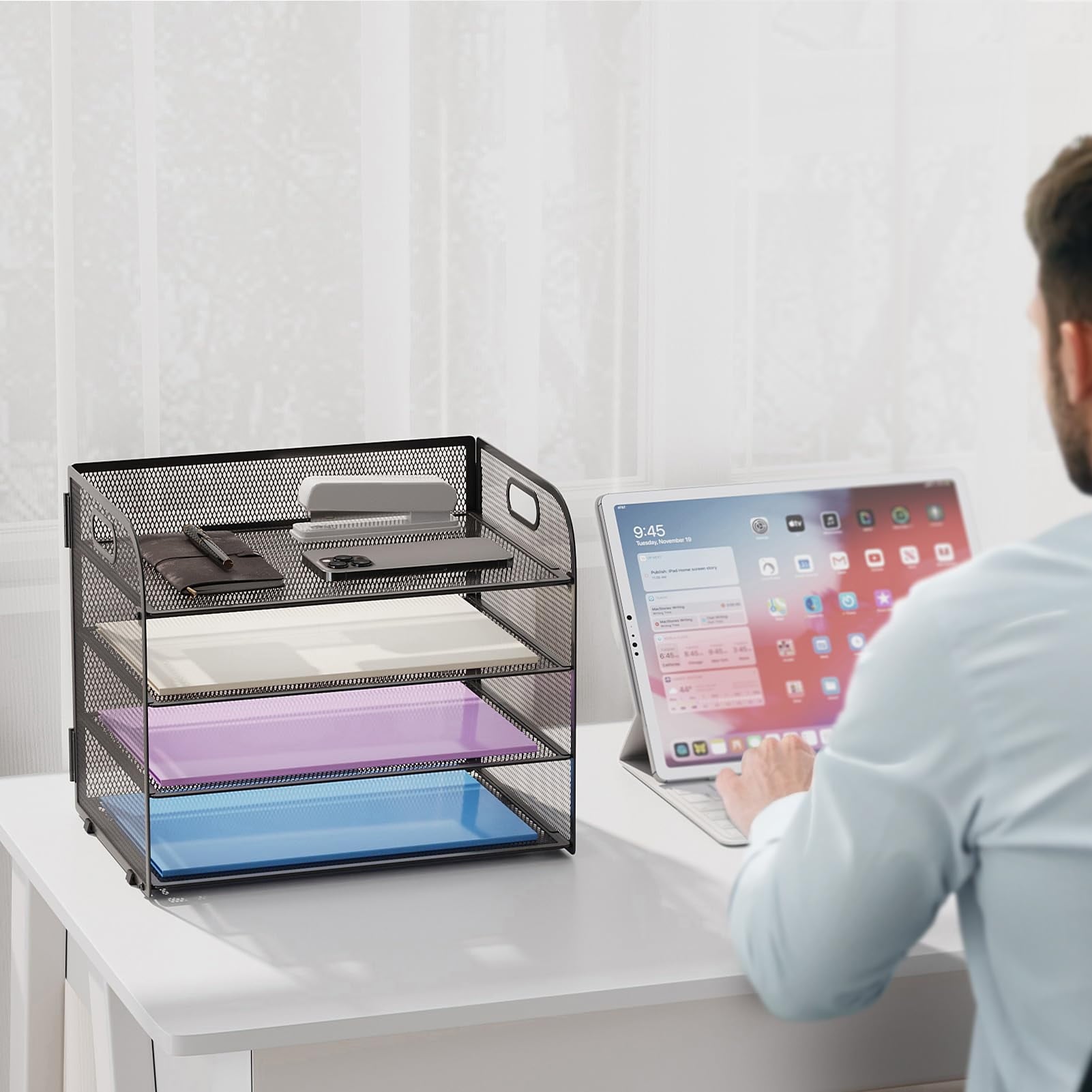 Marbrasse 4-Tier Desk Organizer Tray, ,Paper Organizer for Desk,Mesh Desktop File Organizers with Handle - Image 4