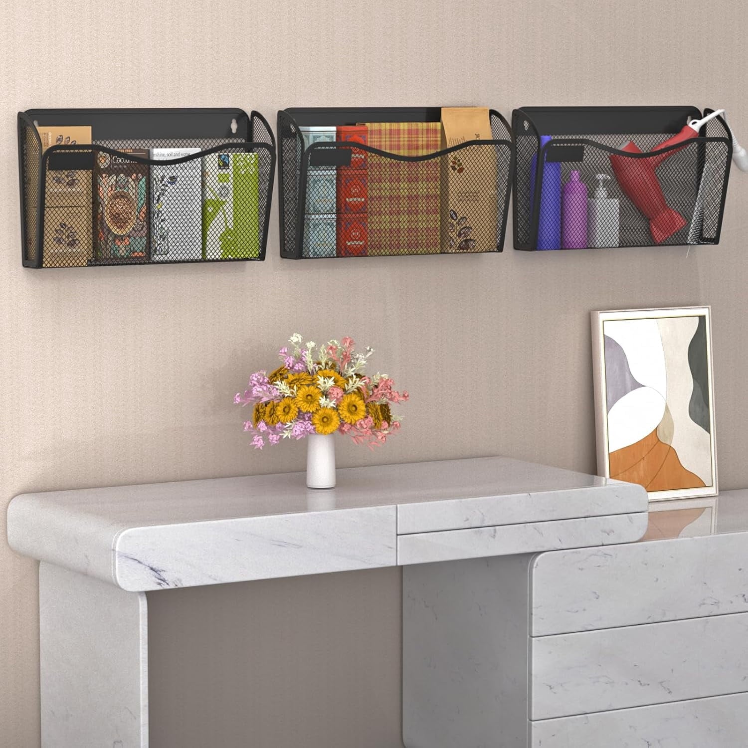 Wall File Organizer, Mesh Hanging File Organizer, Home Office Organization and Storage, 6 Single Pockets Document Mag... - Image 3