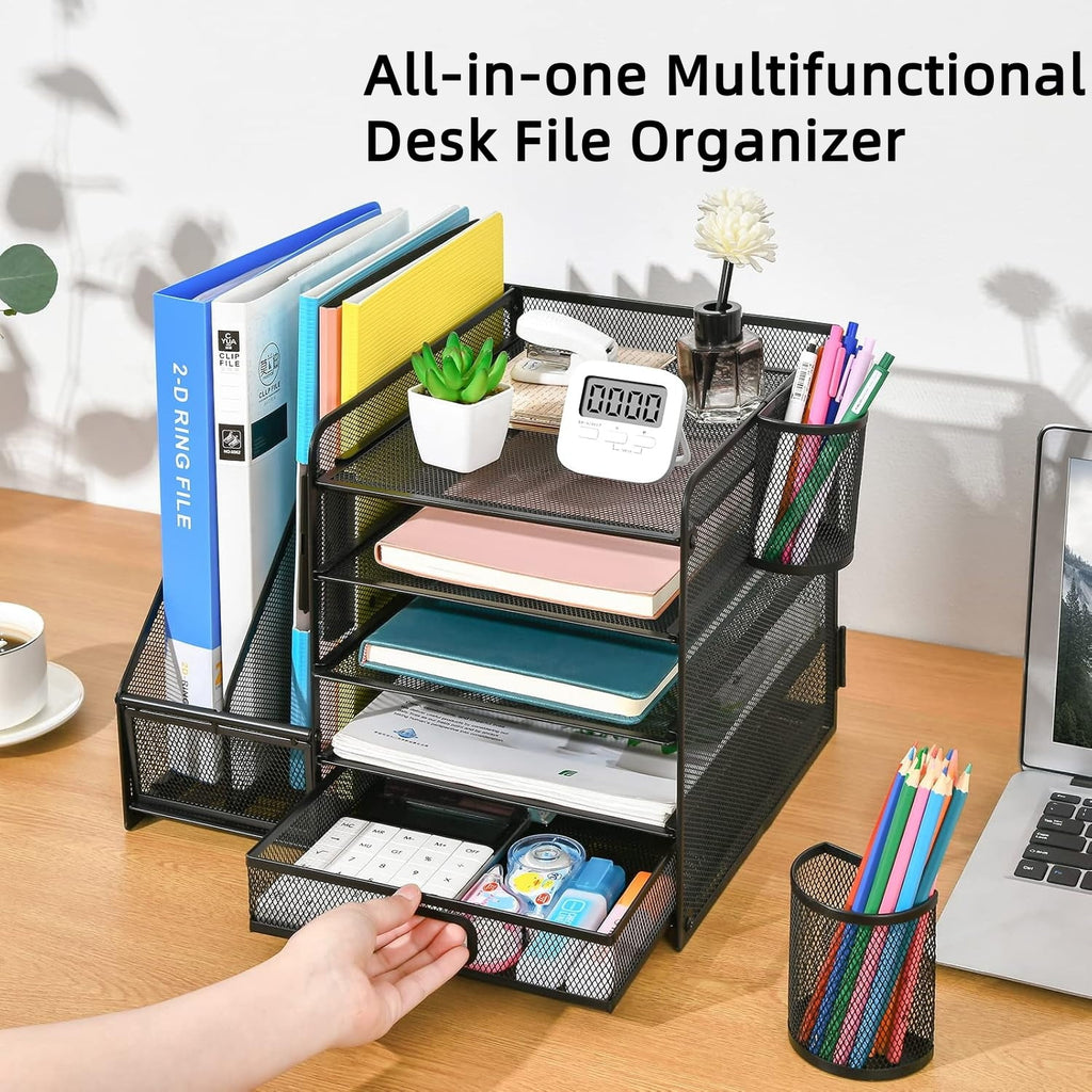 Desk Organizer with File Holder, 5-Tier Desktop File Organizer with Drawer and 2 Pen Holders, Desk File Organizer for... - Image 6