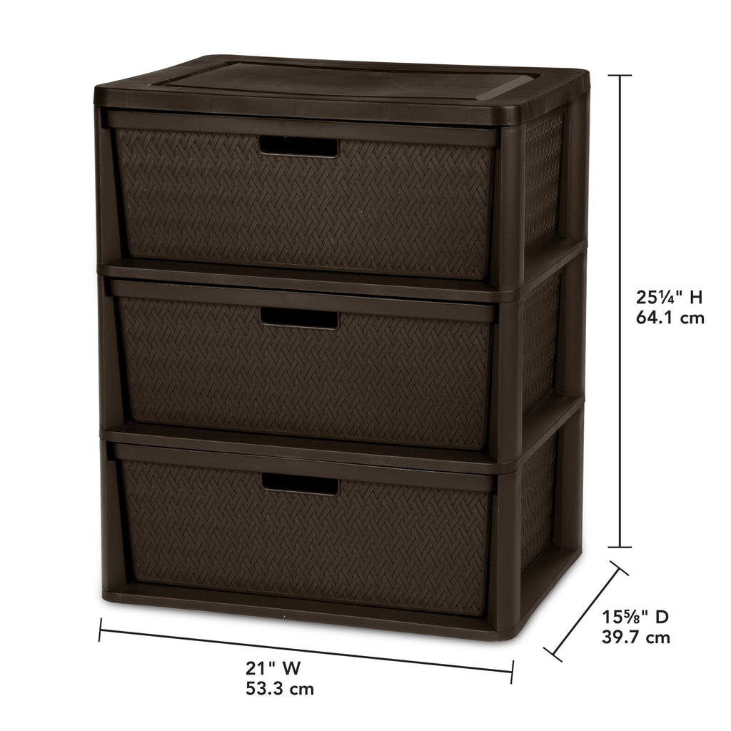 Wide 3 Drawer Tower, Plastic Storage Organizer with Removable Decorative Bins, Easy to Assemble - No Tools Needed, Brown - Image 2