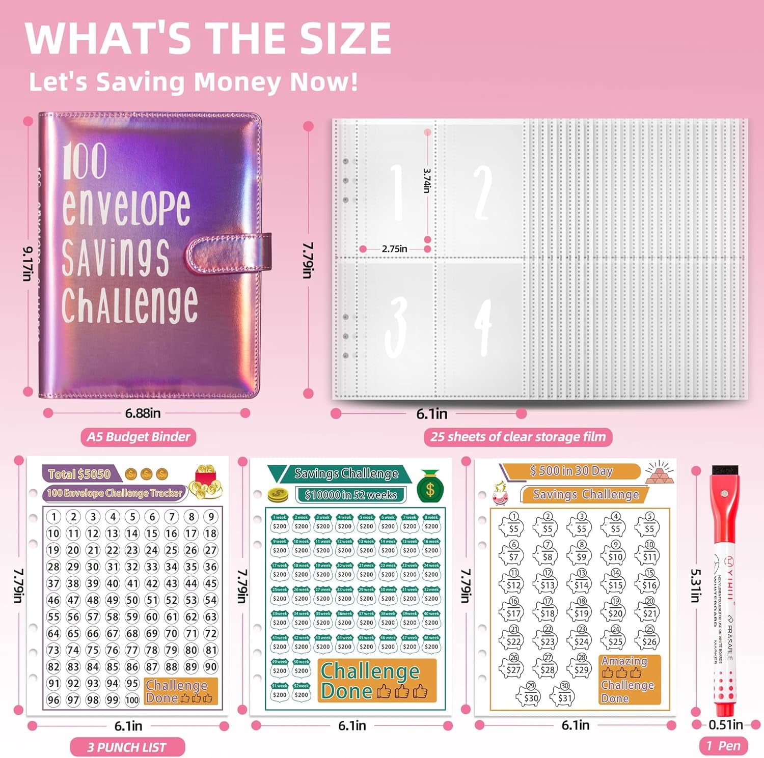 100 Envelopes money saving Challenge Binder, budget binder with cash envelopes, Cash Stuffing Binder 30 Days to 52 Weeks - Image 3