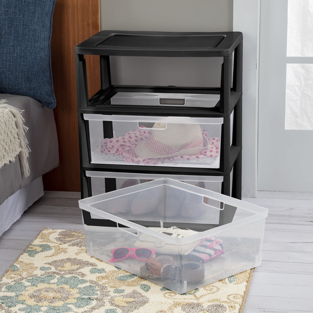 Sterilite Wide 3 Drawer Tower, Plastic Storage Organizer with Removable Clear Bins, Easy to Assemble - No Tools Needed, Black - Image 6