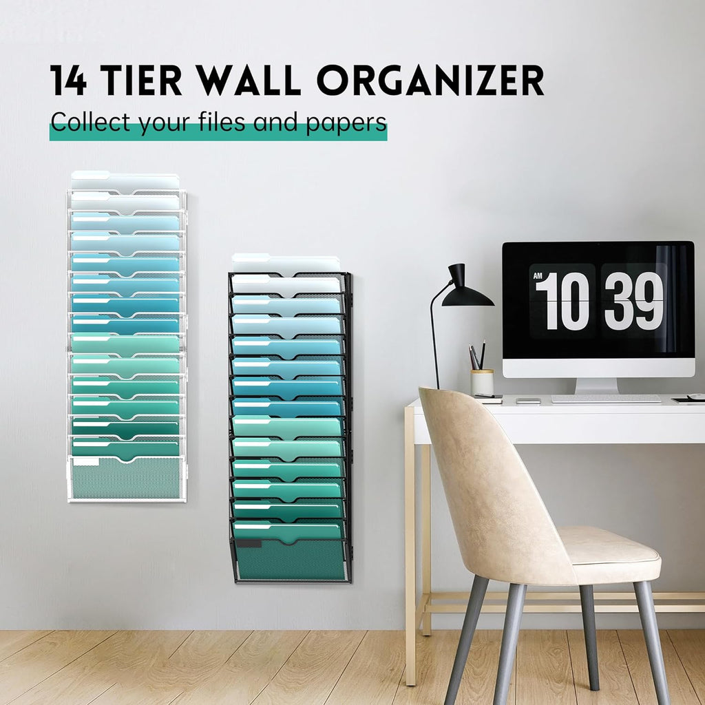 14-Tier Metal Wall Organizer, Mount Hanging File Organizer for Home, Office, Black, Screw Installation - Image 6