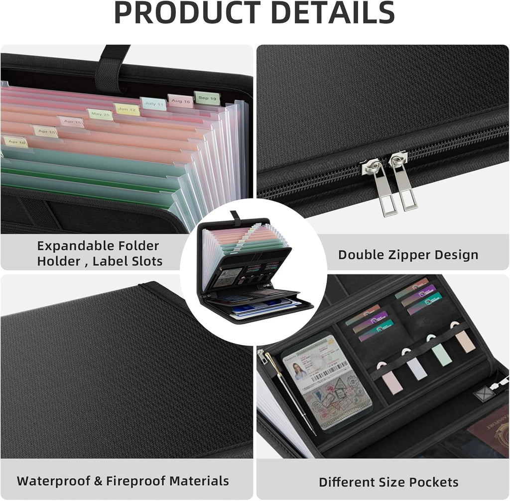 Gijjgole Fireproof Accordion File Organizer, Portable Expanding File Folder with Waterproof Zipper&Labels, Black Document Organizer with 13 - Image 4