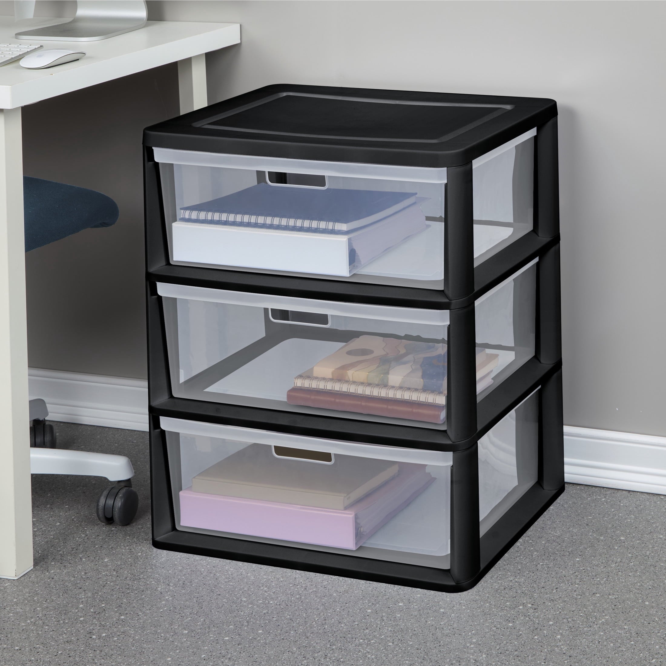 Sterilite Wide 3 Drawer Tower, Plastic Storage Organizer with Removable Clear Bins, Easy to Assemble - No Tools Needed, Black - Image 3