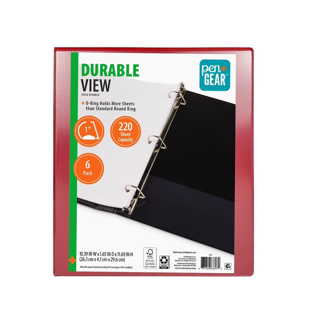 Pen + Gear 1" Durable Binder,1" Slanted D-Rings, Red, 6 Pack - Image 3