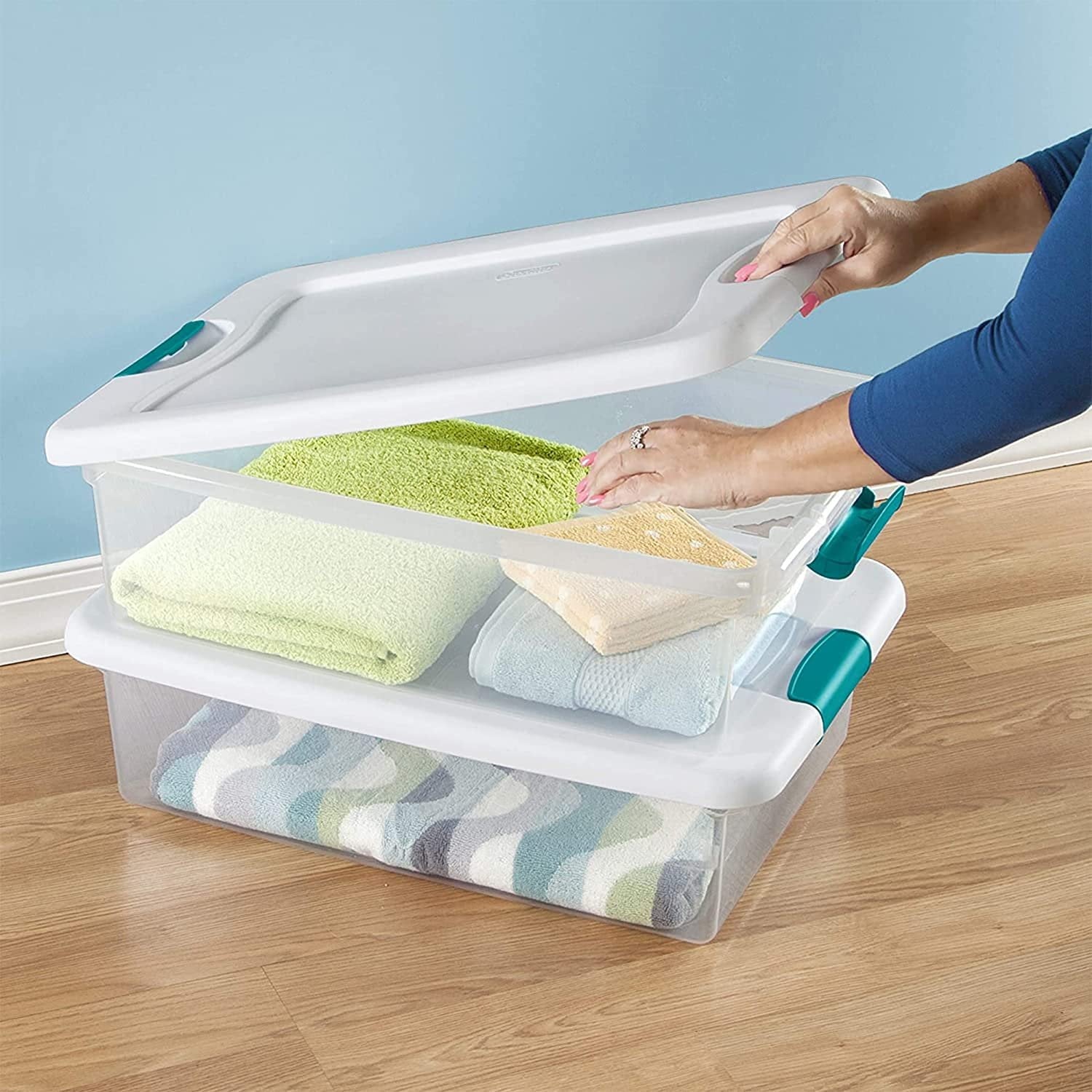 Sterilite 32 Quart Multipurpose Plastic Stackable Storage Box Container with Latching Lid for Home or Office Organization, Clear 12 Pack - Image 5