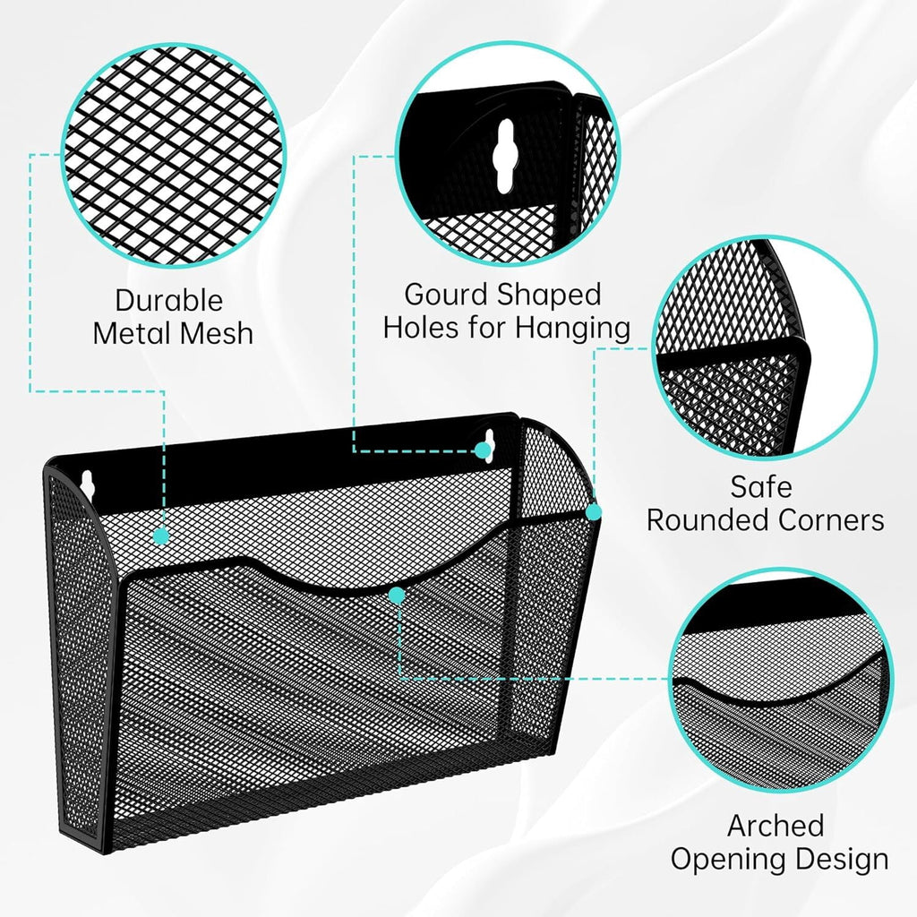 Wall Mount File Holder Mesh Single Pocket Hanging File Organizer Magazine Folder Basket ,Black - Image 4