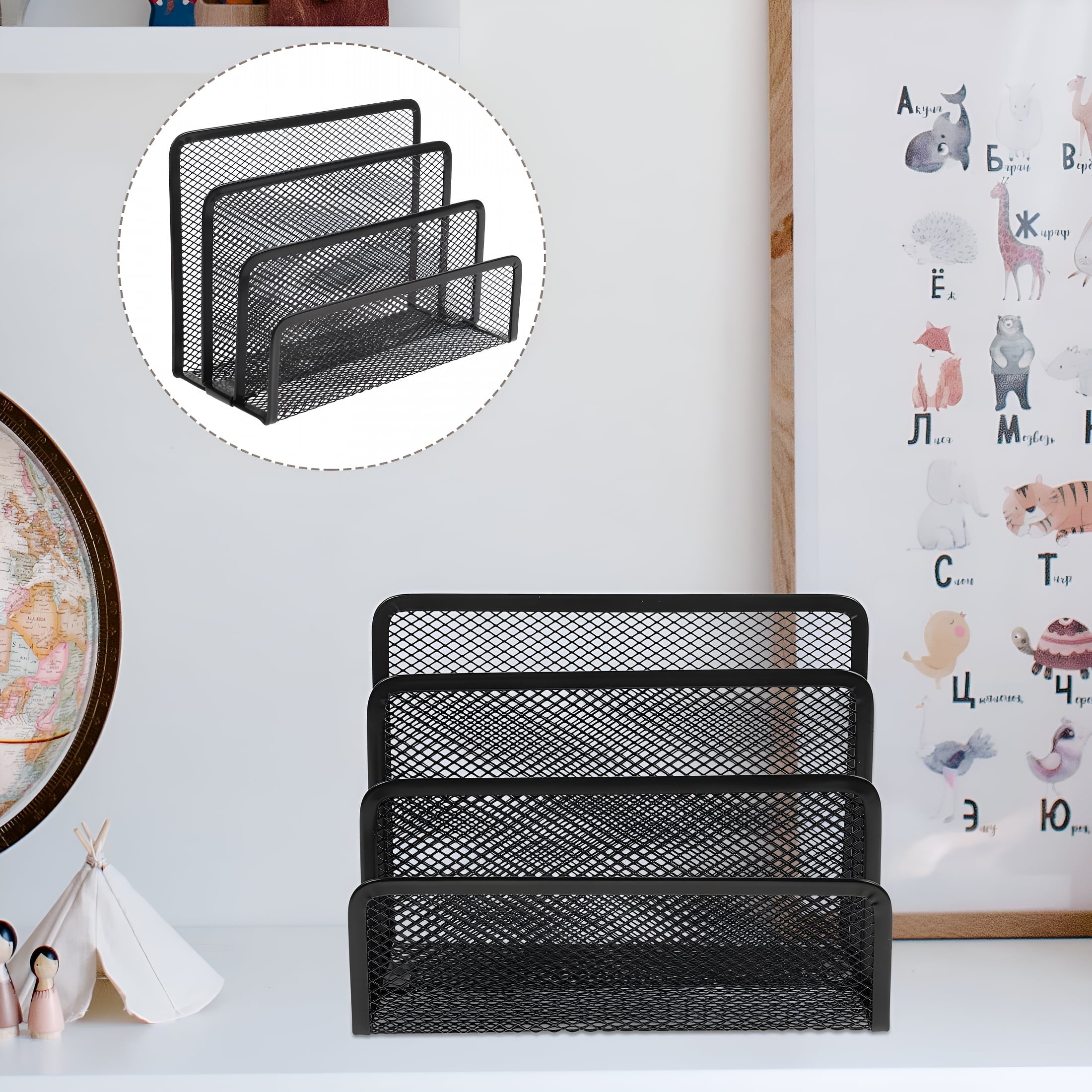Metal Mesh Desktop Organizer File Folder Letters Magazine Holder for Home Office (Black) - Image 3