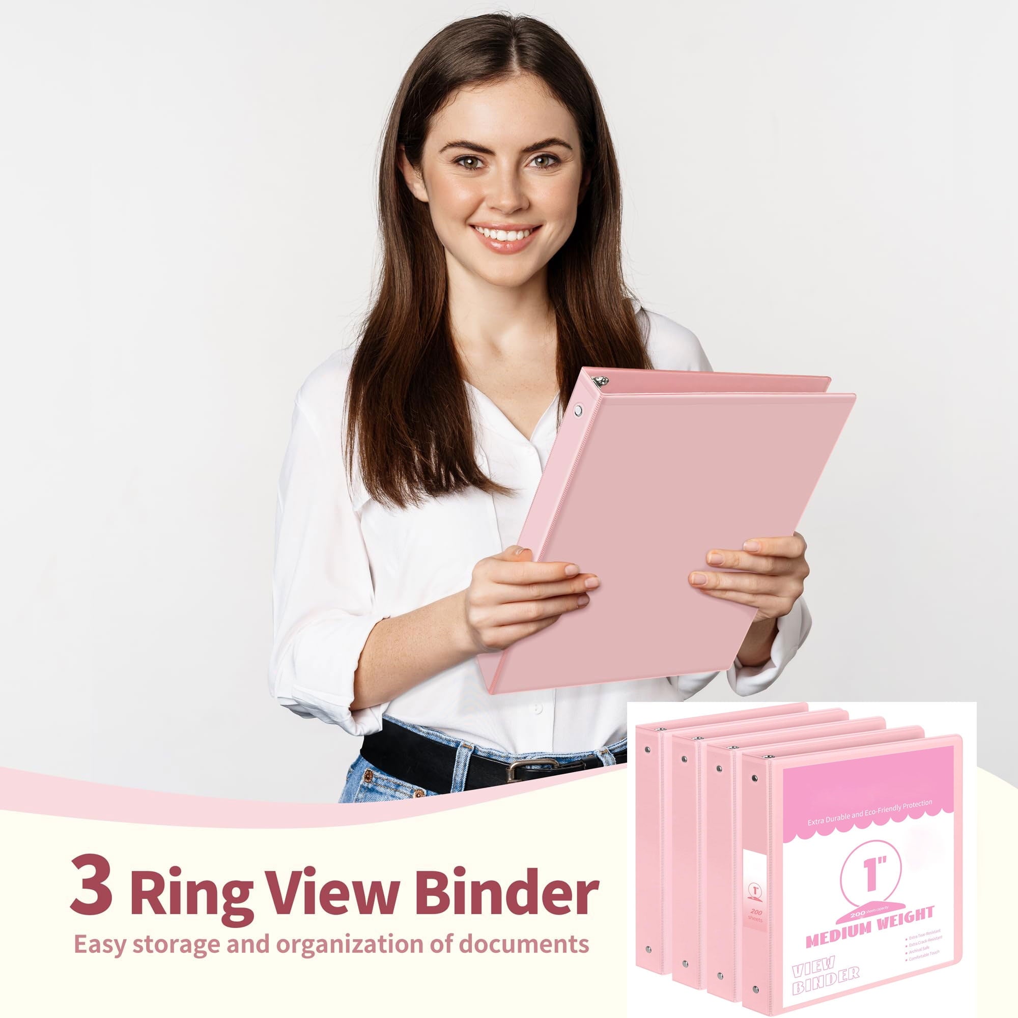 1 inch Binder Pink,3 Ring View Binders Holds 200 Sheets of Letter Size 8.5 x 11'' Paper Notebook Round Ring Binders S... - Image 6