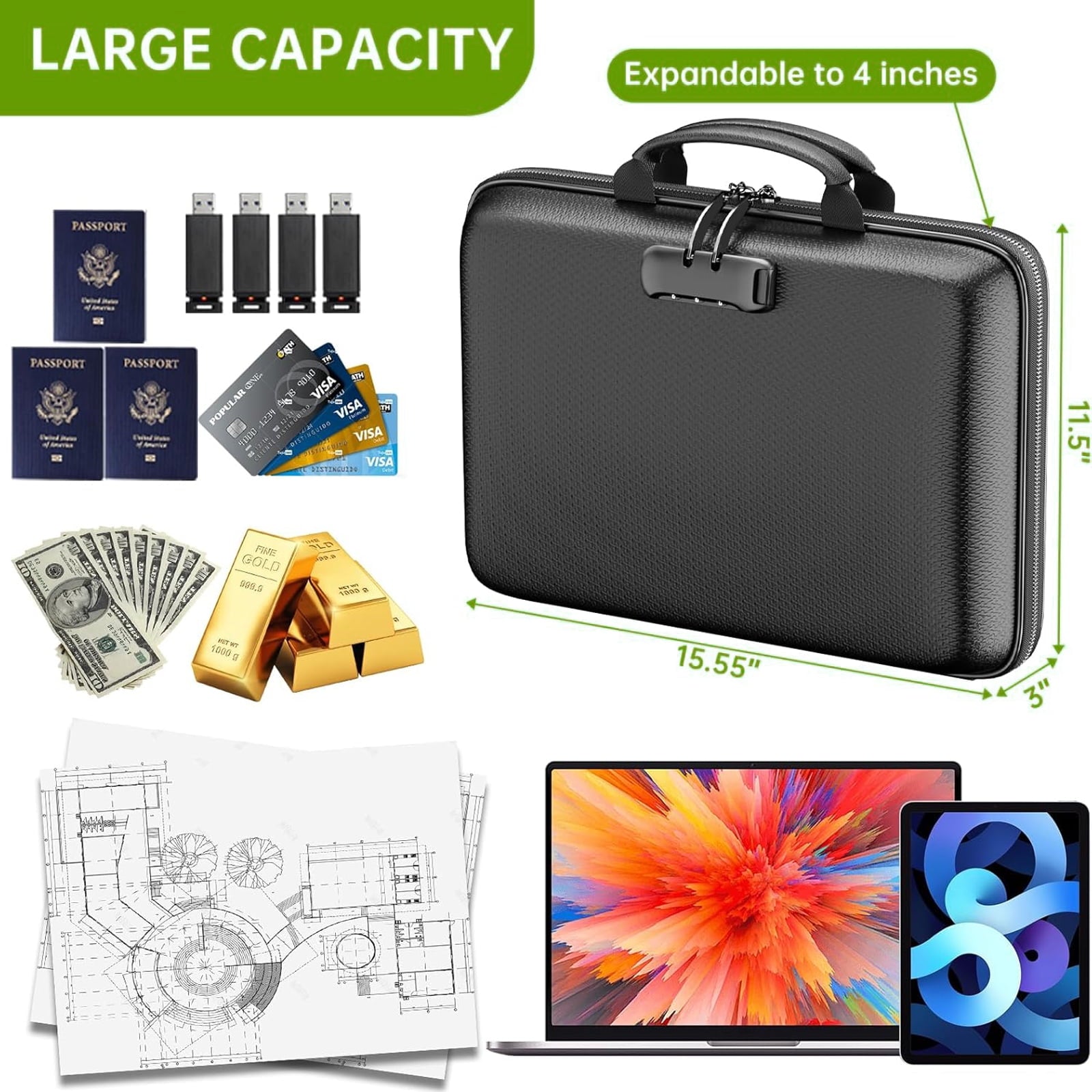 Fireproof File Organizer with Lock, Hard-Shell Case Fireproof Document Box with 13 Pocket Accordion File Folder, Port... - Image 2
