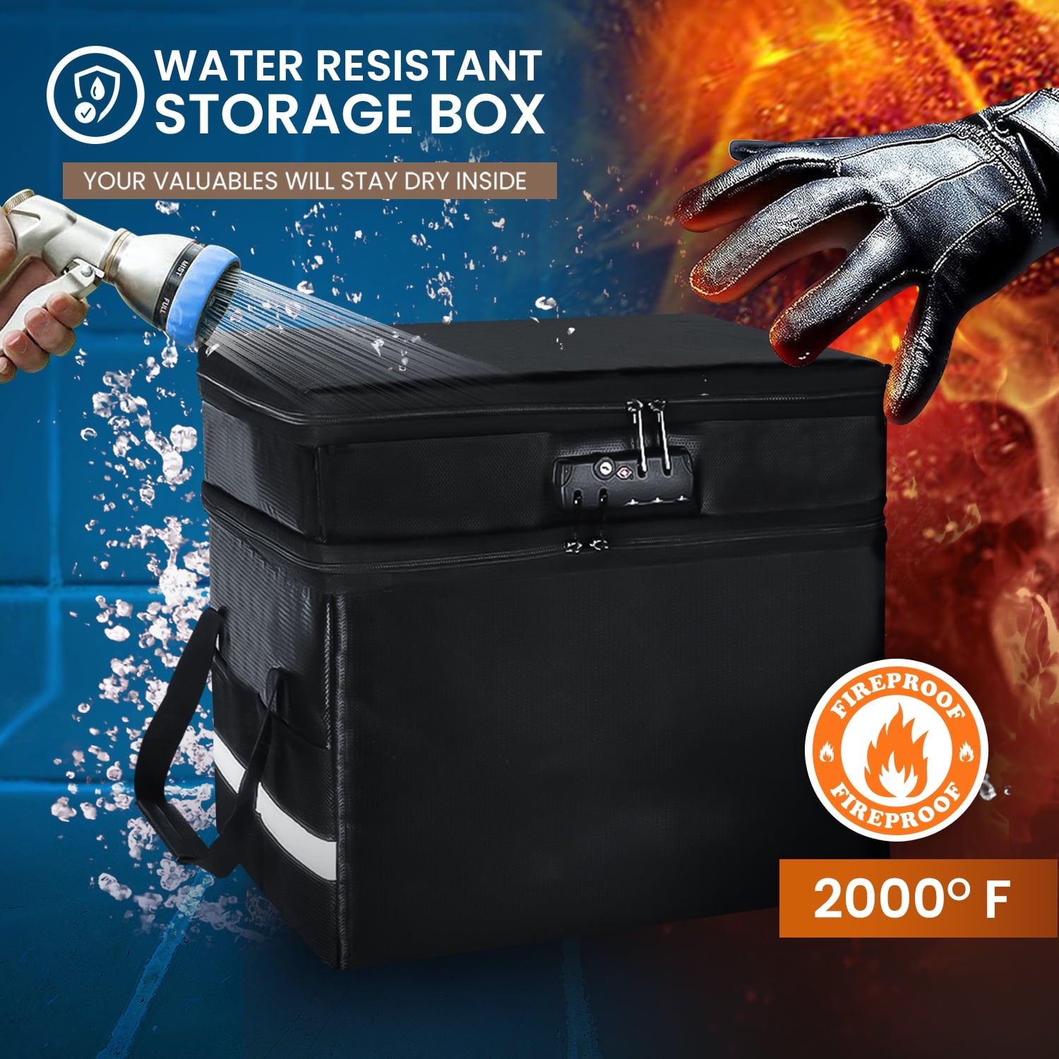 Fireproof Document Box with Lock-2 Layer File Cabinet Storage Bag with Multiple Pockets, Water-Resistant File Box with Reflective Strip-Docu - Image 4