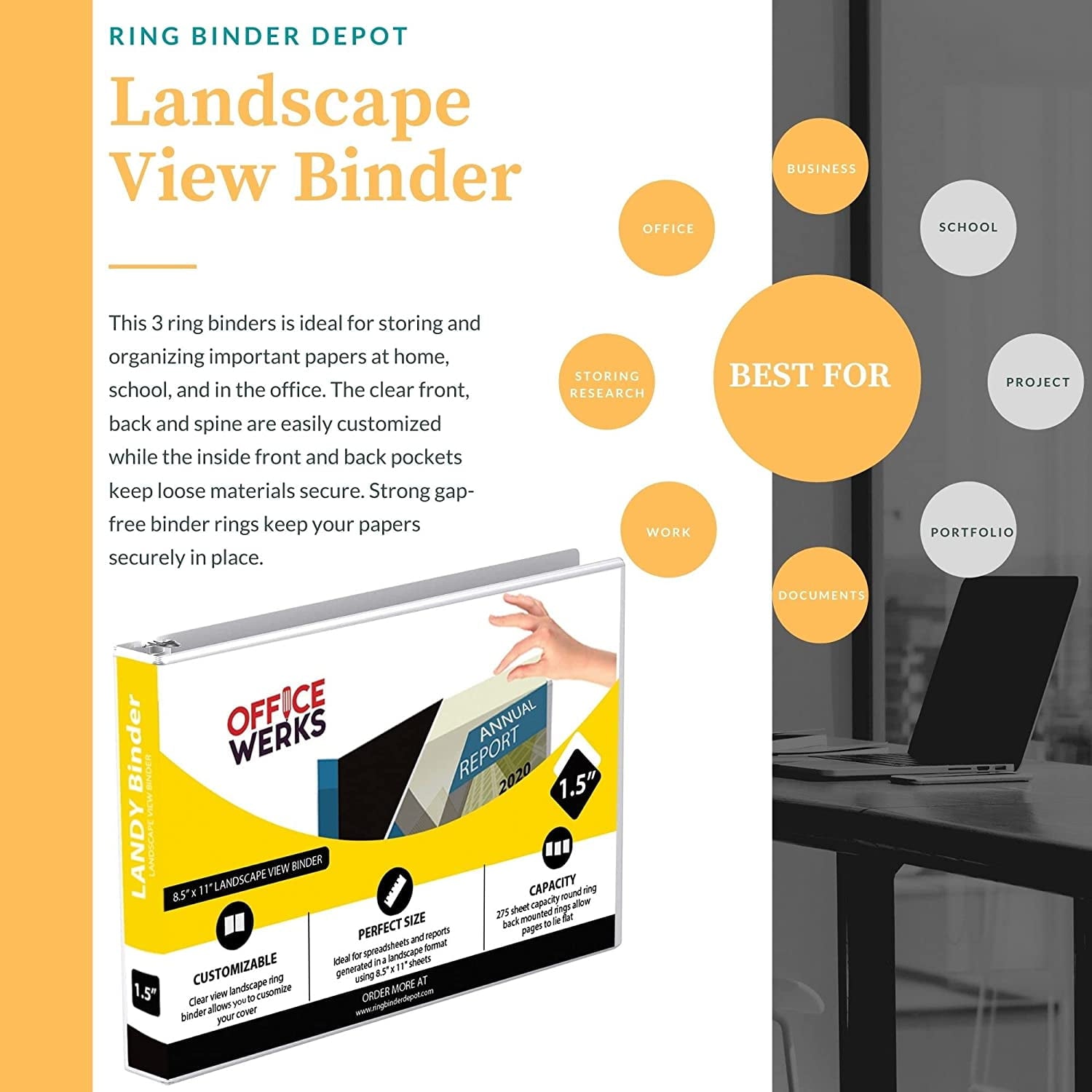 8.5" X 11" Landscape View Binder, 3-Ring Binder 1.5 Inch Capacity Round Ring, White Horizontal Formatted Binder with ... - Image 2