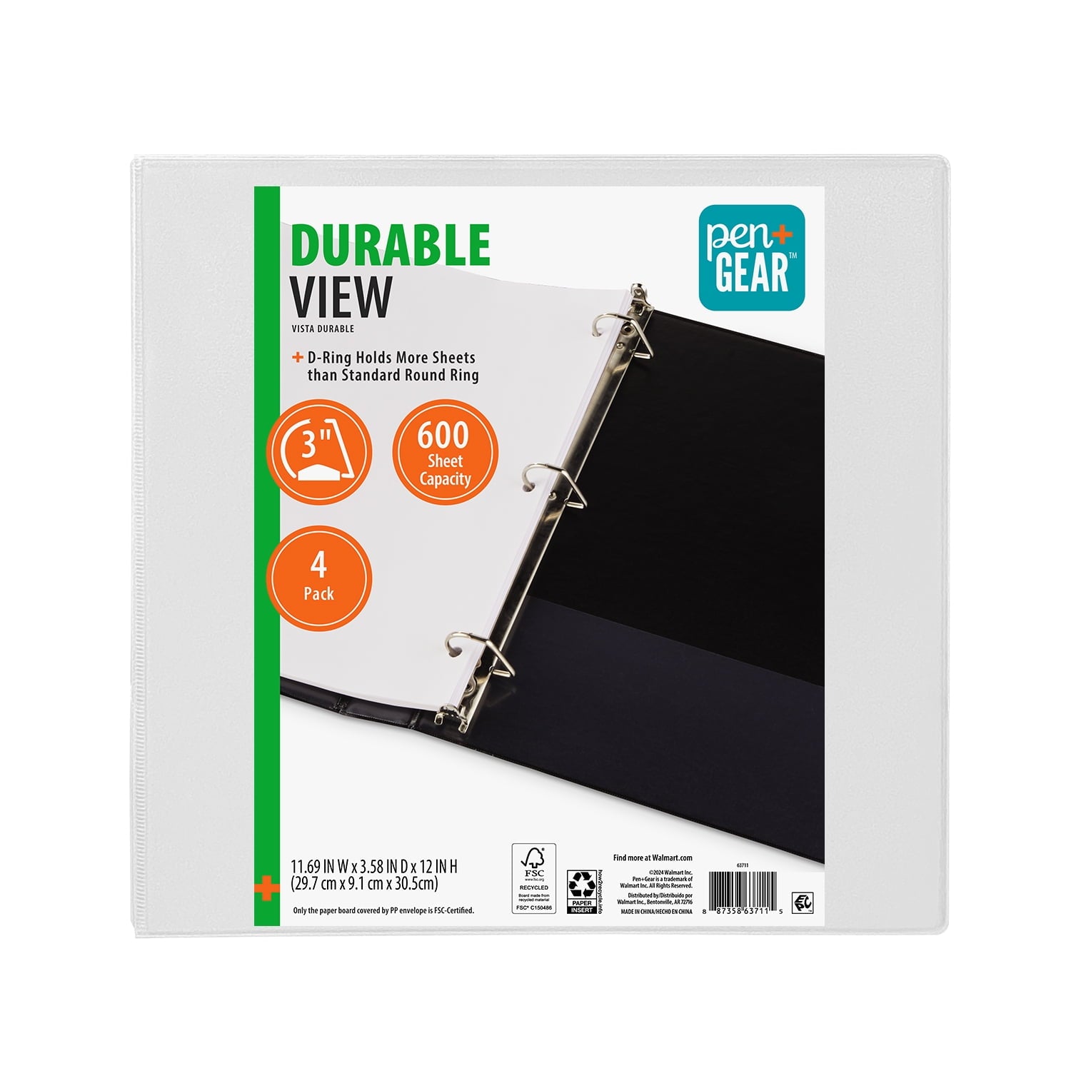 Durable View 3-Ring Binder with 3-inch Rings 4-Pack (White) - Image 3