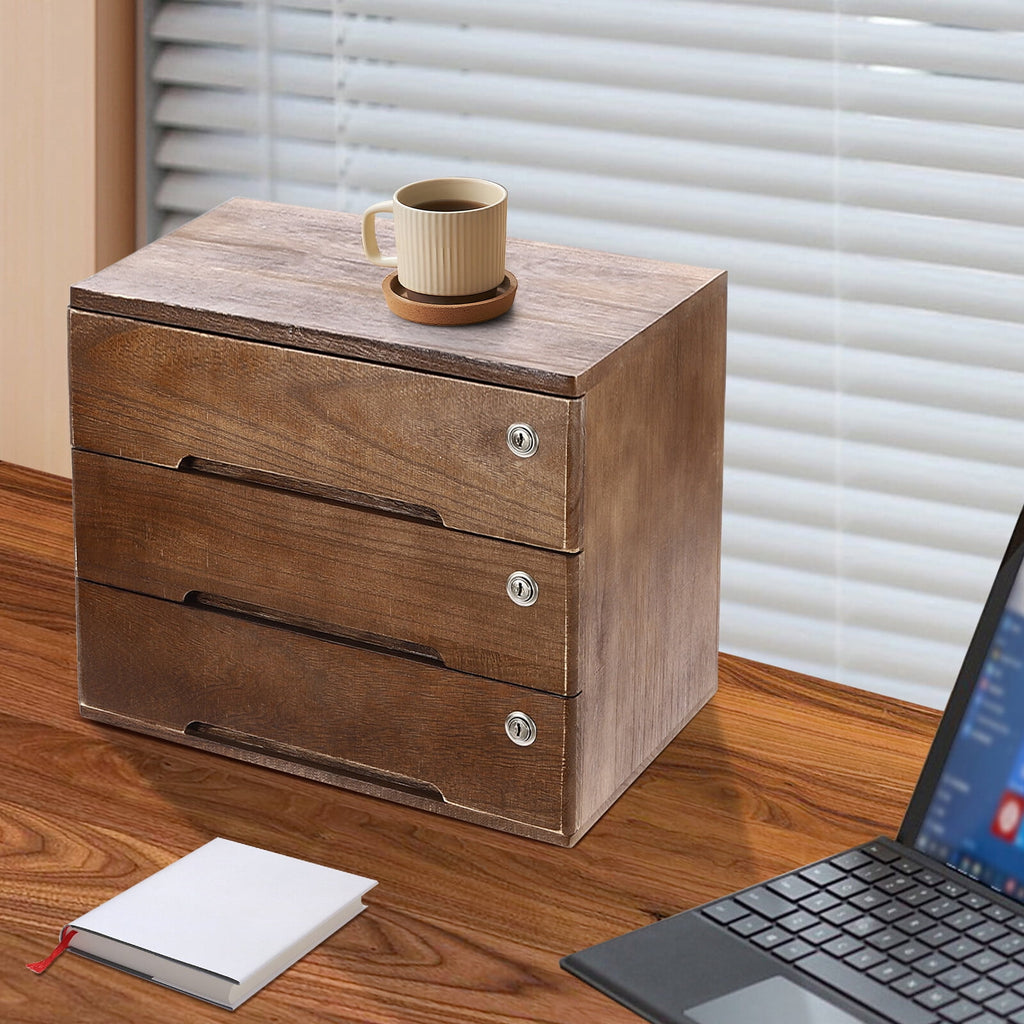 DENEST Wooden Desktop Storage Box with Lockable Drawers, 3 Tiers Office Supplies File Organizer, Flat File Cabinet Desk Storage Box for Dres - Image 2