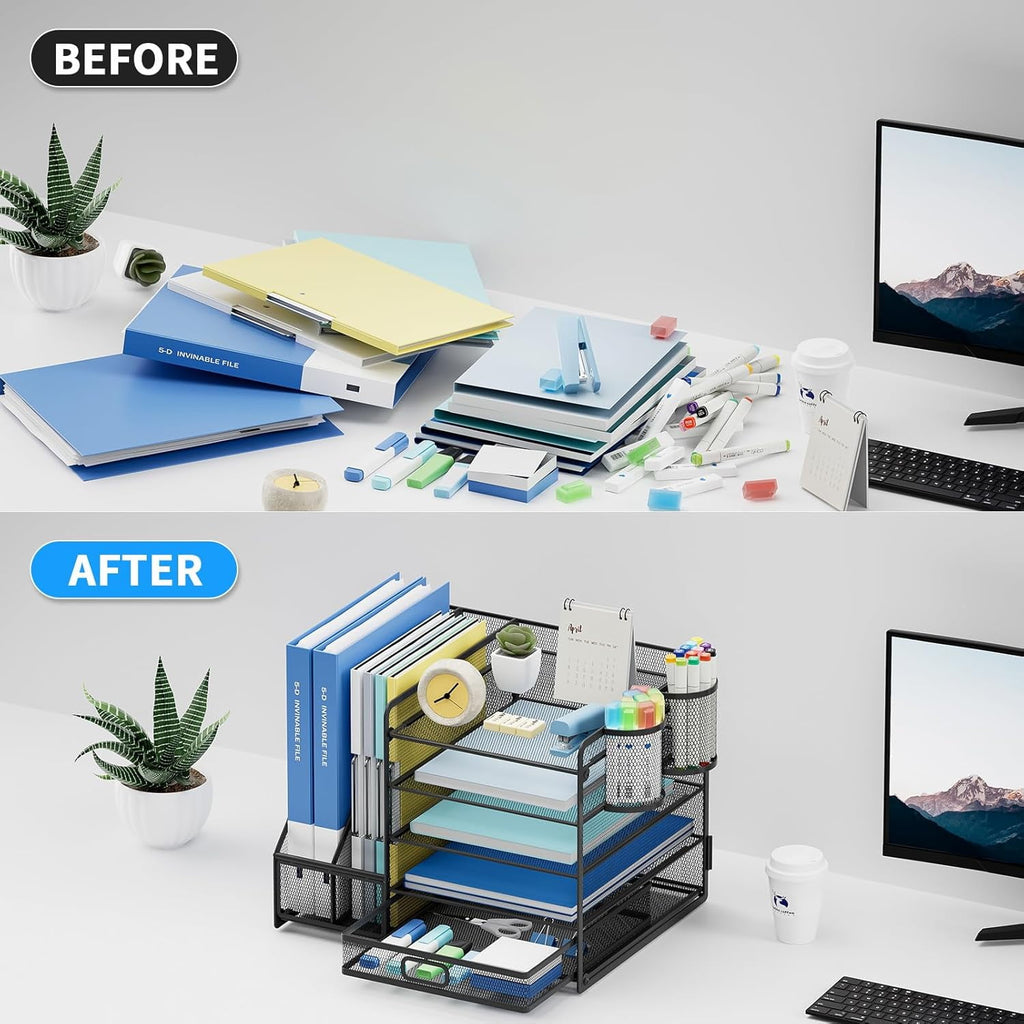 Desk Organizer with File Holder, 5-Tier Desktop File Organizer with Drawer and 2 Pen Holders, Desk File Organizer for... - Image 4