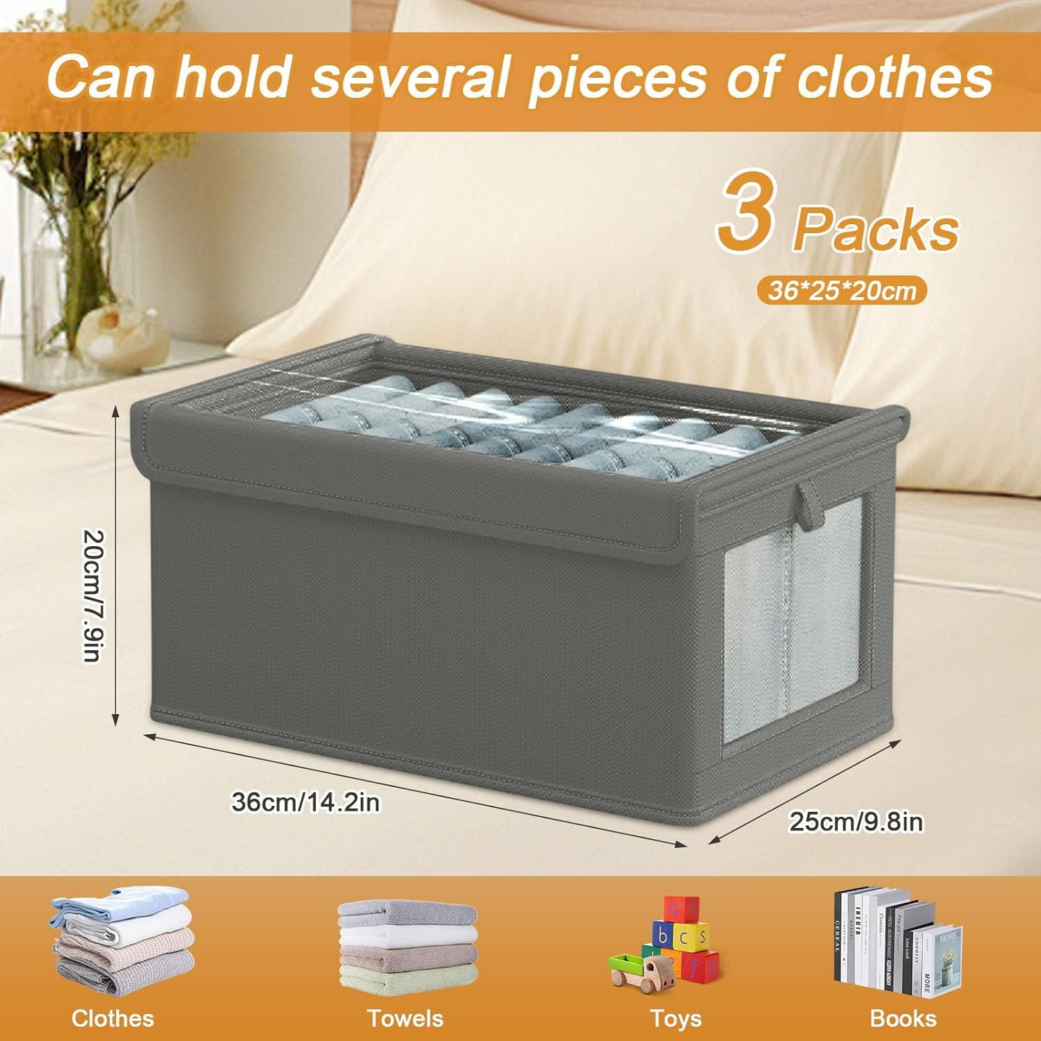 Glowvia 3 Pack Fabric Storage Bins with Lids, Wardrobe Storage Organiser, Stackable Storage Bin, Foldable Storage Baskets, Closet Organizers - Image 6