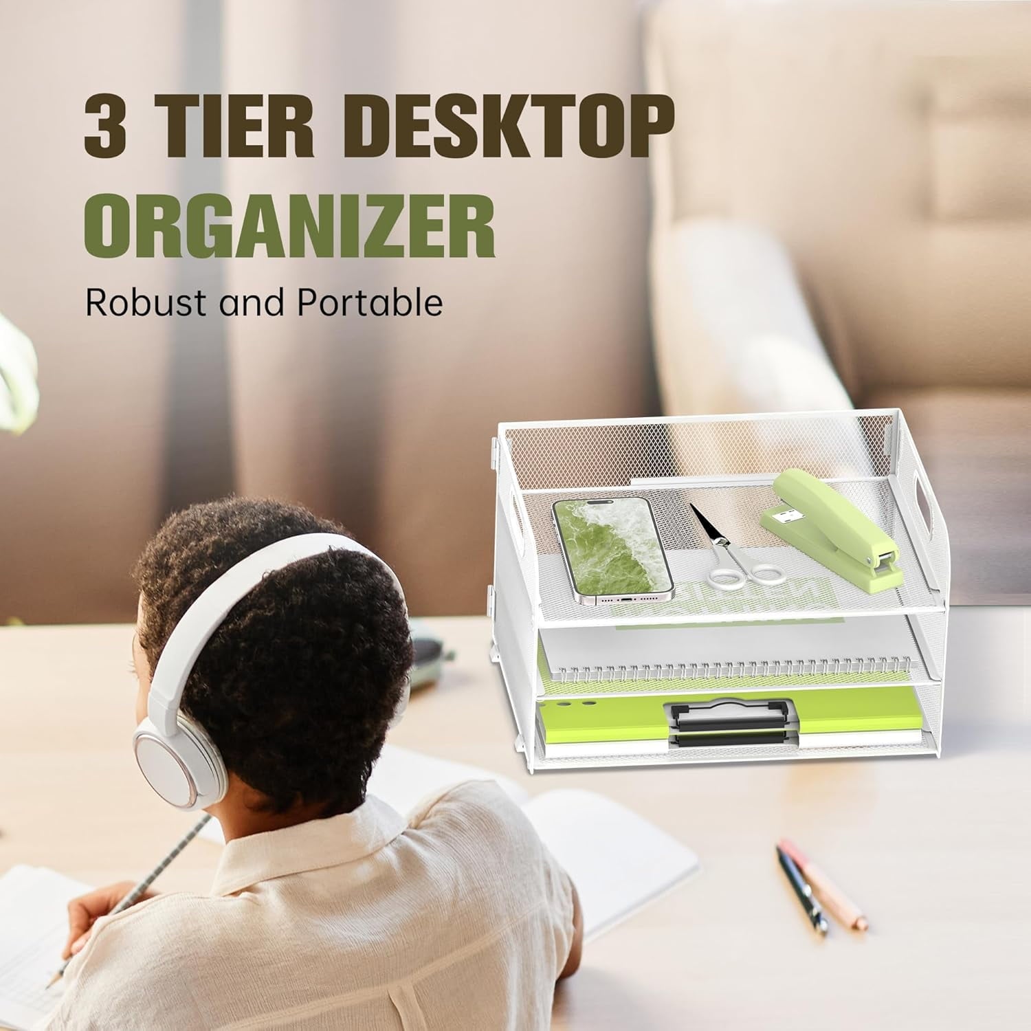 3 Tier Paper Tray Organizer, Mesh Desktop File Organizer with Handles - Image 5
