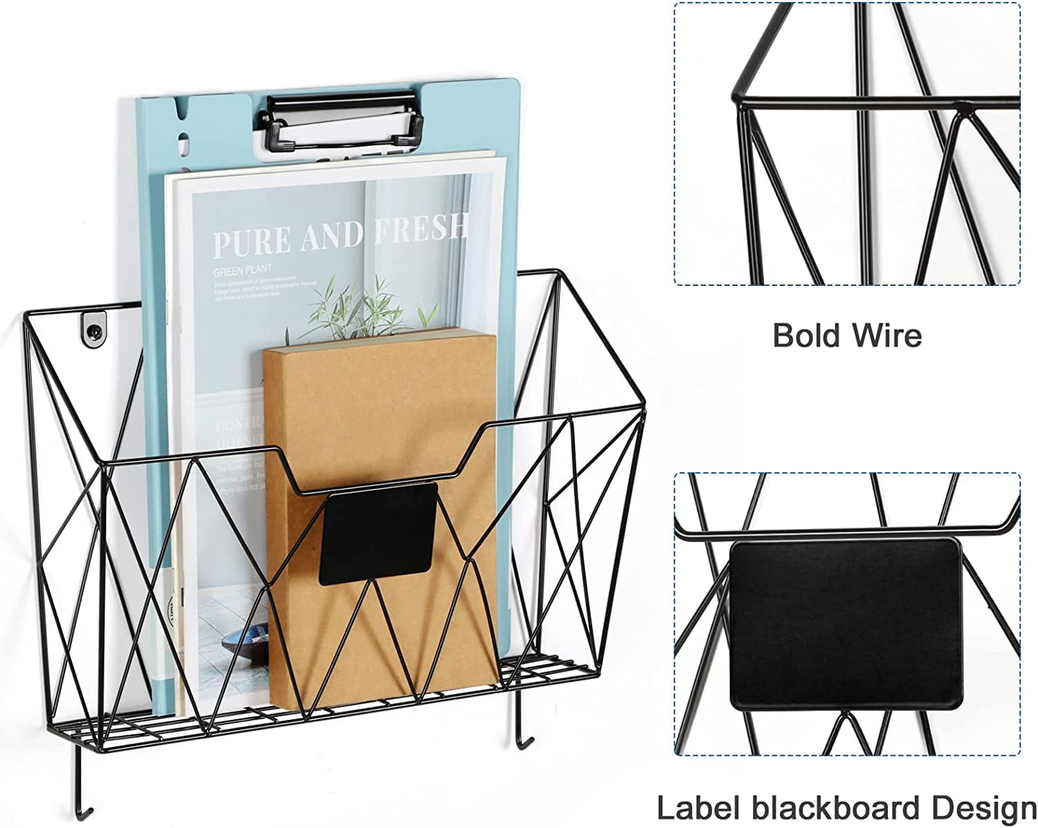 Holder Mount Metal Organizer 3 Pockets Mail Organizer with Hooks for Office Home,Black - Image 3