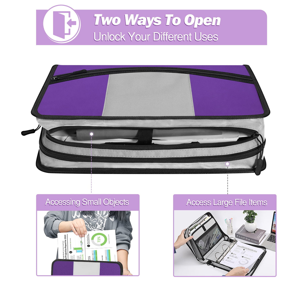MoKo Zipper Binder 3 inch 3 Ring Binder, 600 Sheet Capacity Multi-Pocket School Binder Organizer with Handle and Shoulder Strap, Purple & Gr - Image 6