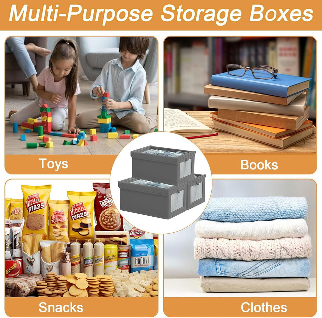 Glowvia 3 Pack Fabric Storage Bins with Lids, Wardrobe Storage Organiser, Stackable Storage Bin, Foldable Storage Baskets, Closet Organizers - Image 3