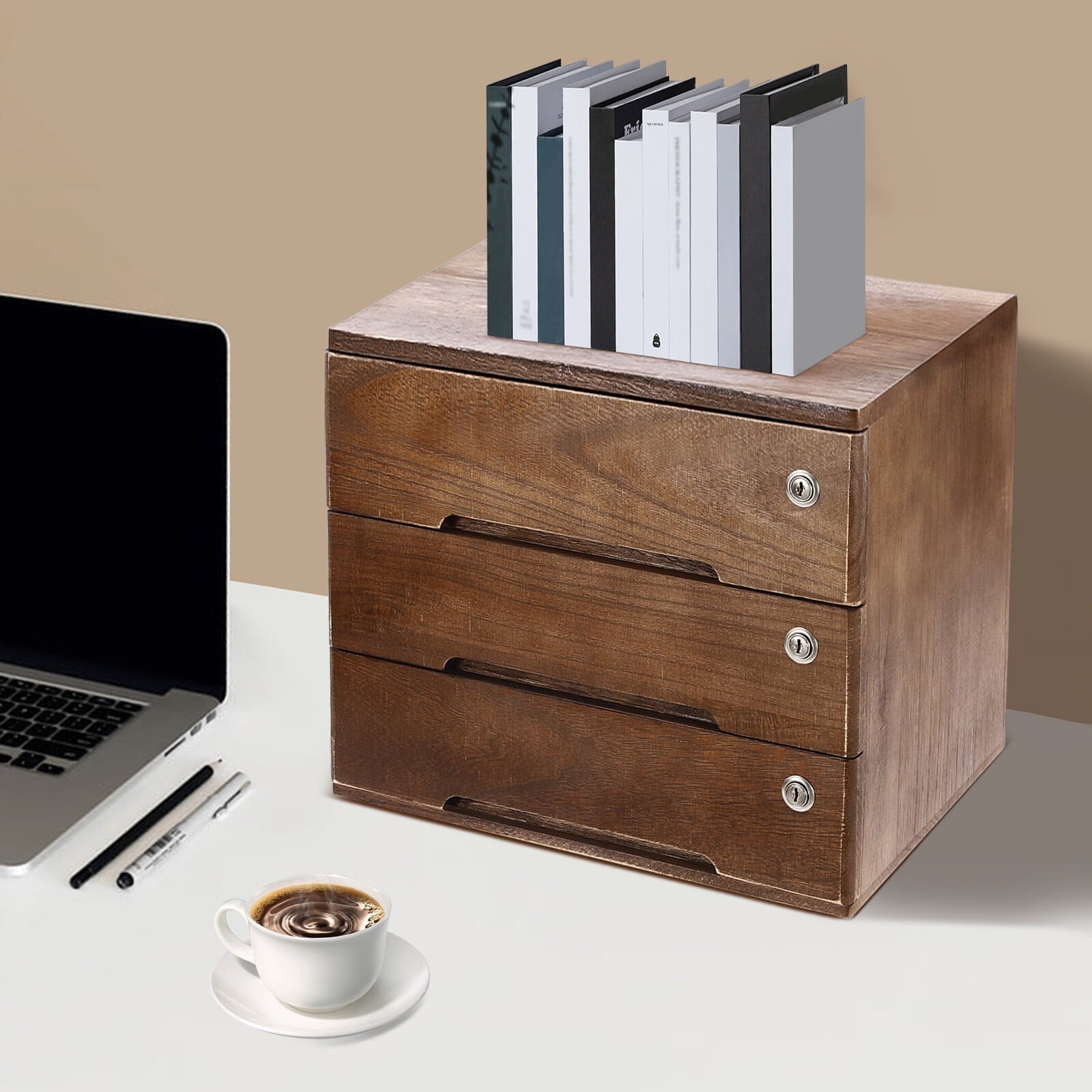 DENEST Wooden Desktop Storage Box with Lockable Drawers, 3 Tiers Office Supplies File Organizer, Flat File Cabinet Desk Storage Box for Dres - Image 4