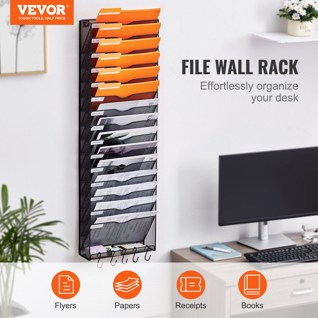 KFFKFFWall File Rack, 16-Slot Single Piece Mesh Organizer, Wall-Hanging Magazine, Mail, Paper & Document Holder, Metal Storage with Label Ta - Image 2