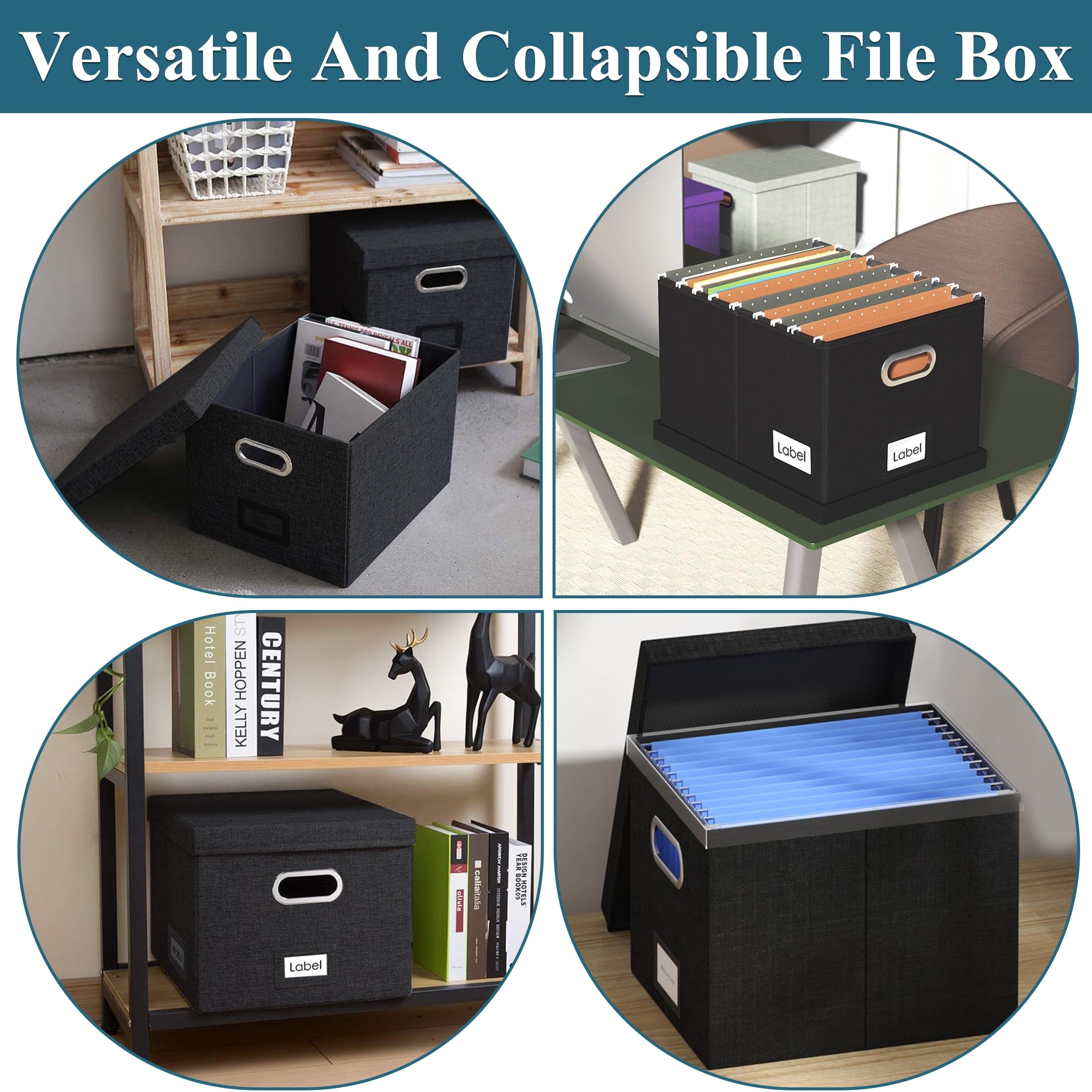 LANNEY File Organizer Box with Lid, Upgraded Portable Collapsible File Box, Document Organizer for Office Decor Home, Black - Image 3