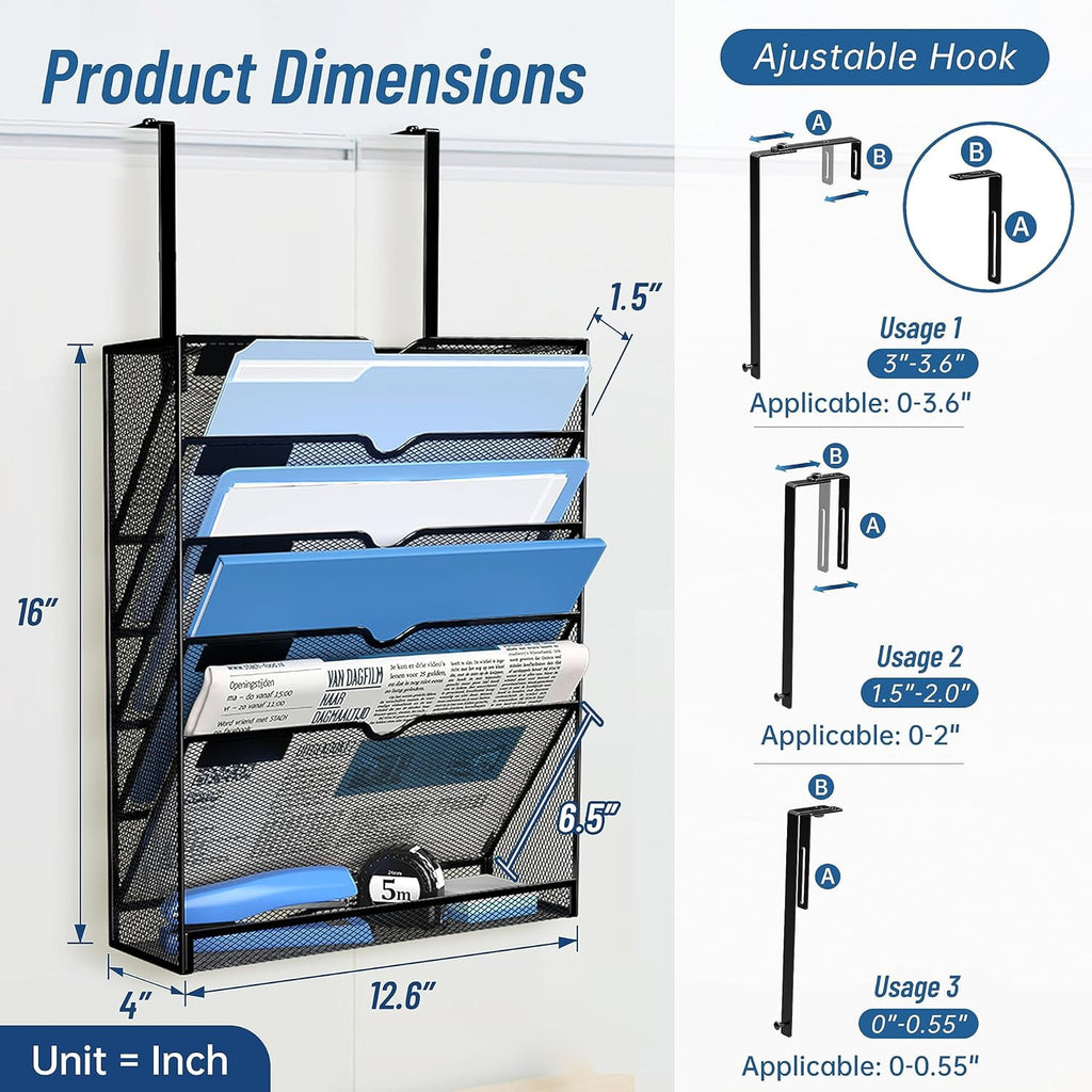 Metal Mesh Wall File Holder 6 Tier Hanging Wall File Organizer with Hooks, Black, Wall Mount - Image 2