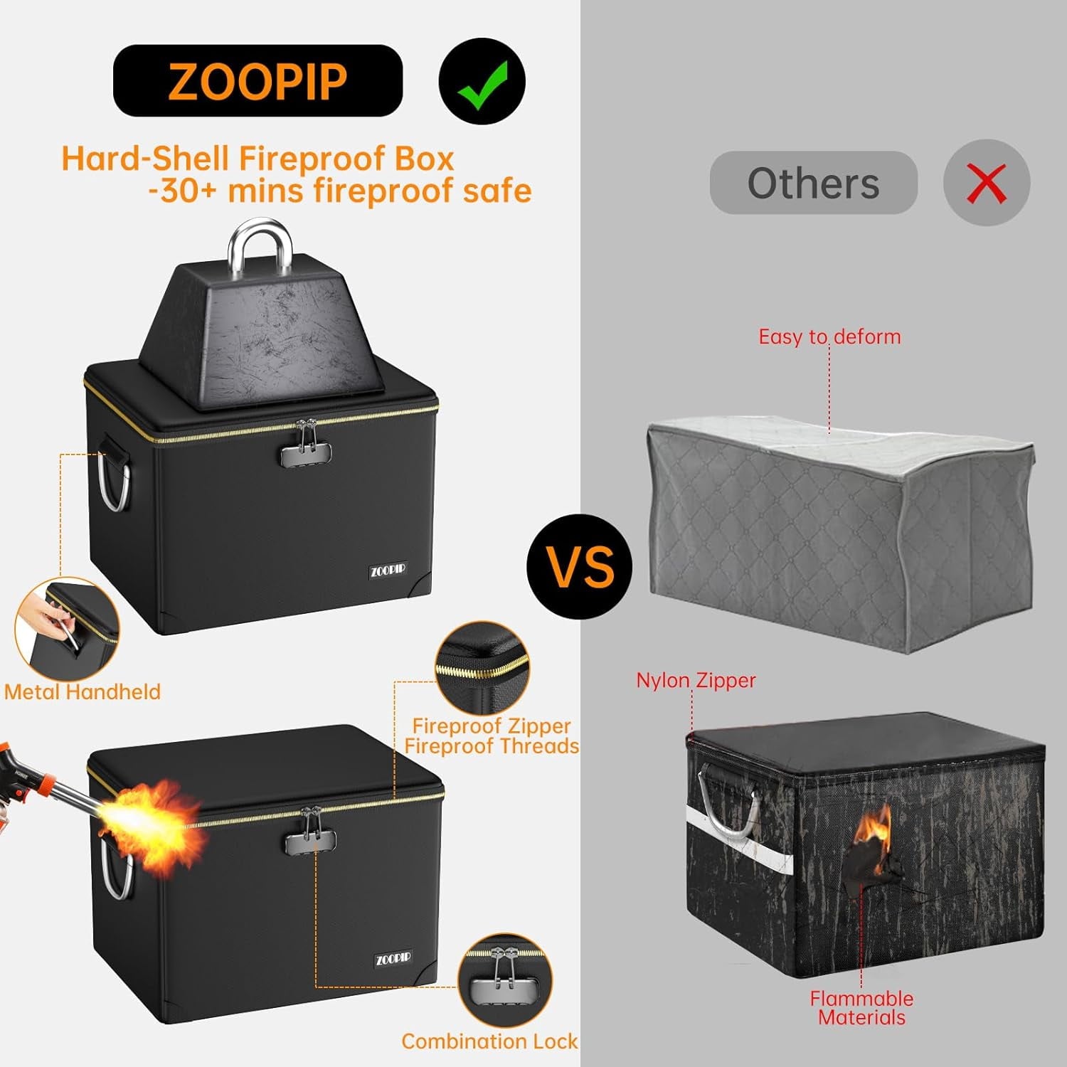 Fireproof Document Box Hard  File Organizer with Lock Portable Office Safe Storage for Valuables Black - Image 3