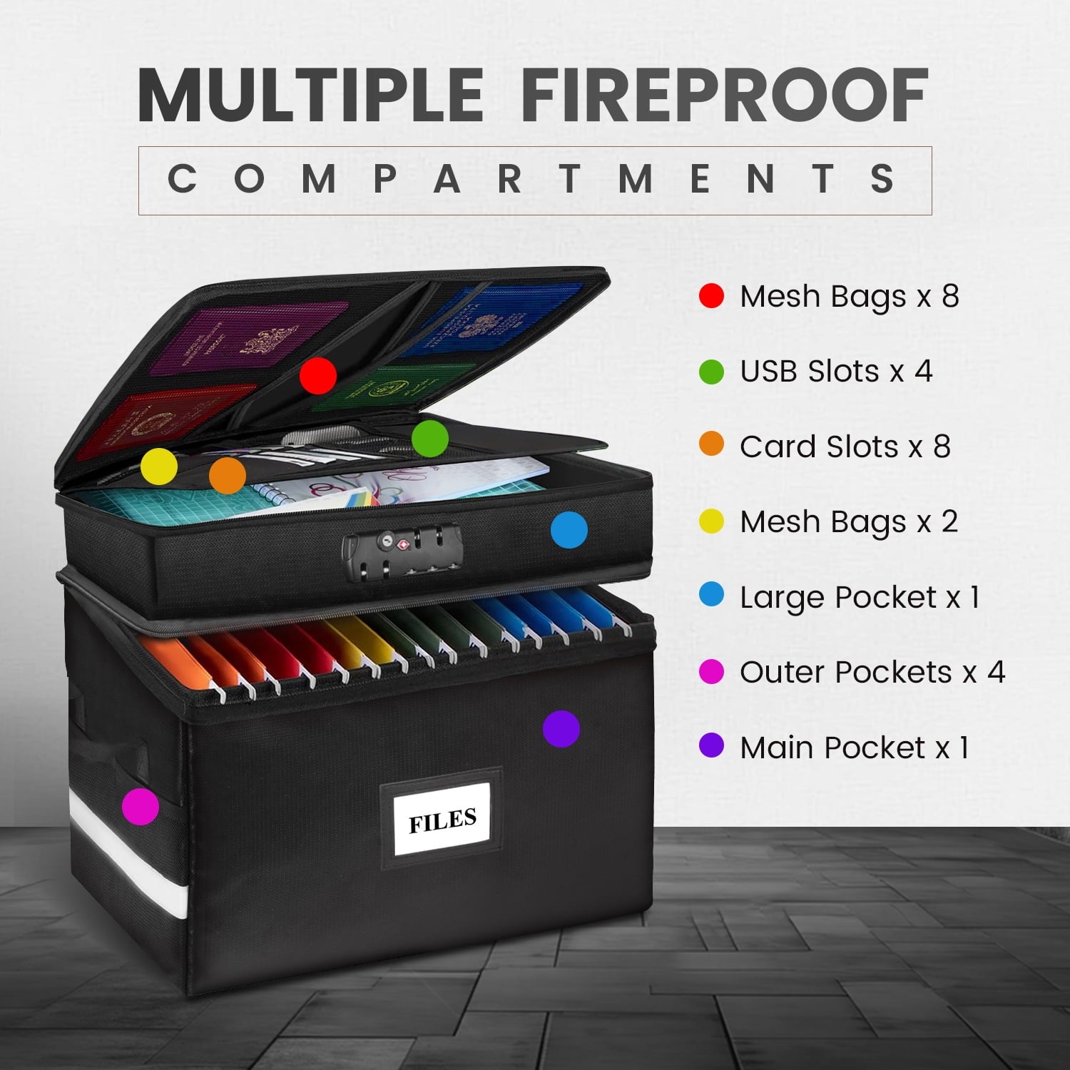 Fireproof Document Box with Lock-2 Layer File Cabinet Storage Bag with Multiple Pockets, Water-Resistant File Box with Reflective Strip-Docu - Image 2