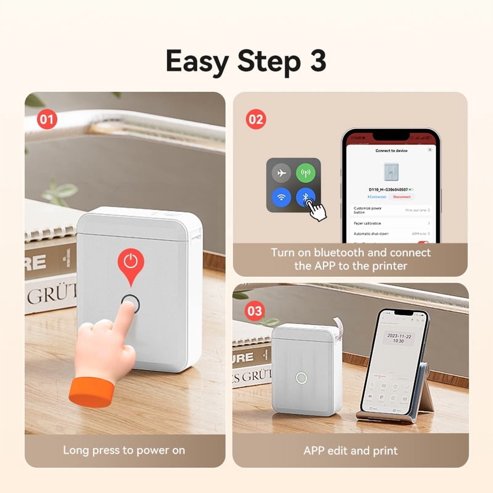 Upgraded D110 Mini Portable Label Printer Inkless Labeler Sticker Bluetooth Rechargeable Thermal with Tape(White) - Image 3