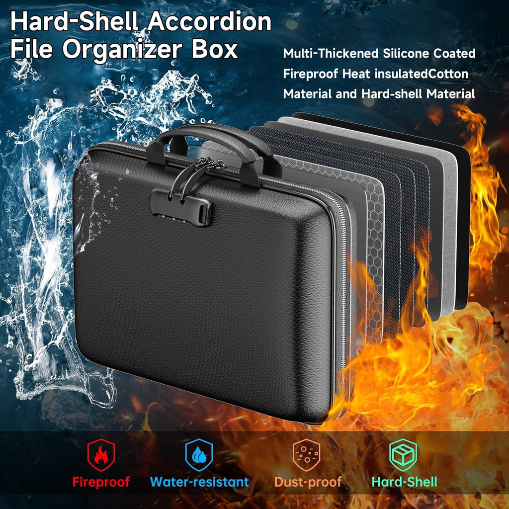 Fireproof File Organizer with Lock, Hard-Shell Case Fireproof Document Box with 13 Pocket Accordion File Folder, Port... - Image 4