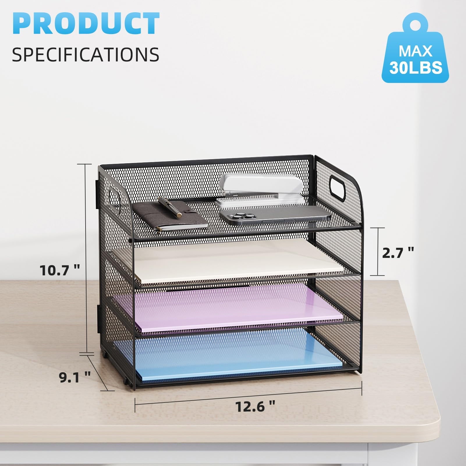 Marbrasse 4-Tier Desk Organizer Tray, ,Paper Organizer for Desk,Mesh Desktop File Organizers with Handle - Image 2