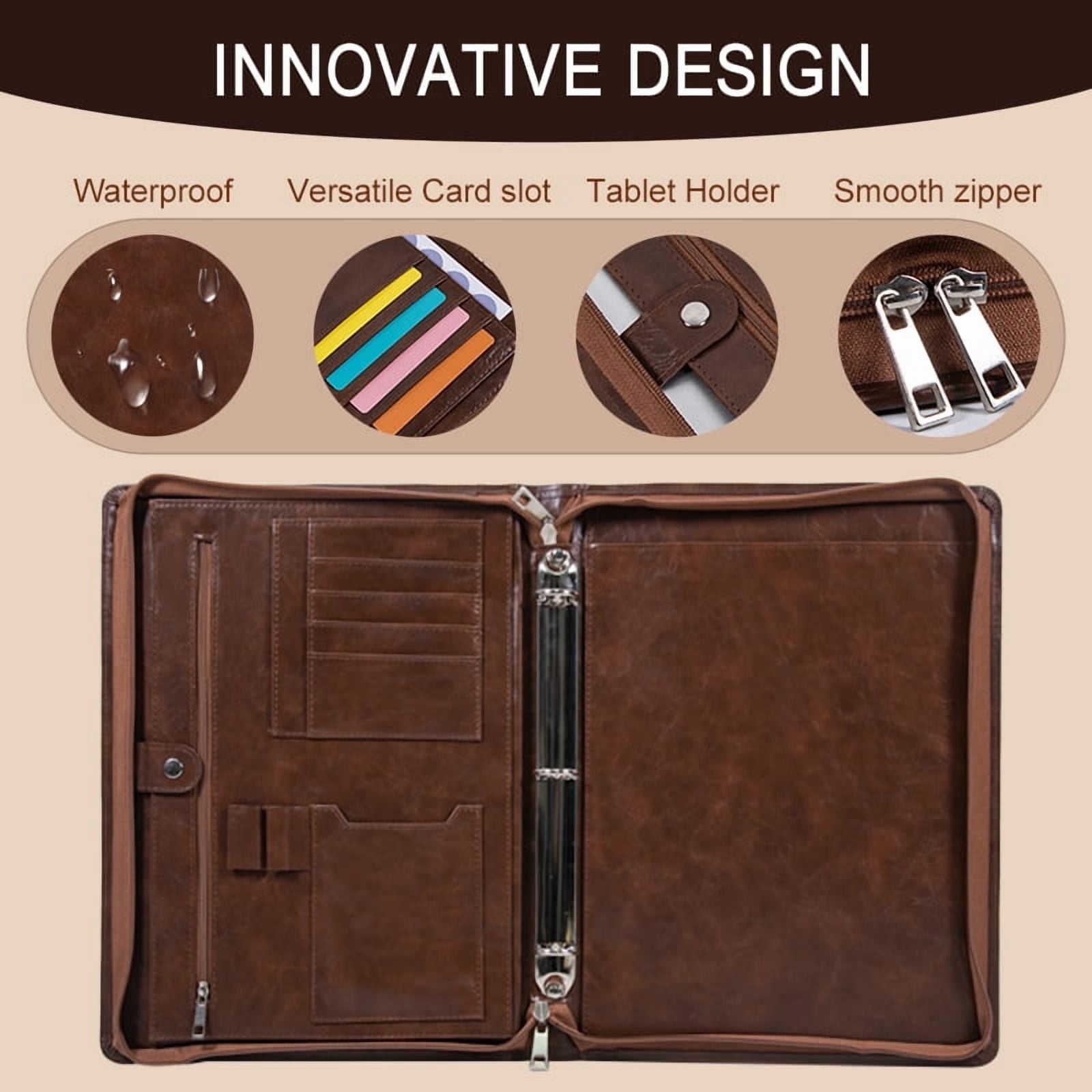 Binder with Zipper, Vegan Leather Professional Portfolio Organizer with 3-Ring Binder, Notepad & Resume Holder for Me... - Image 3