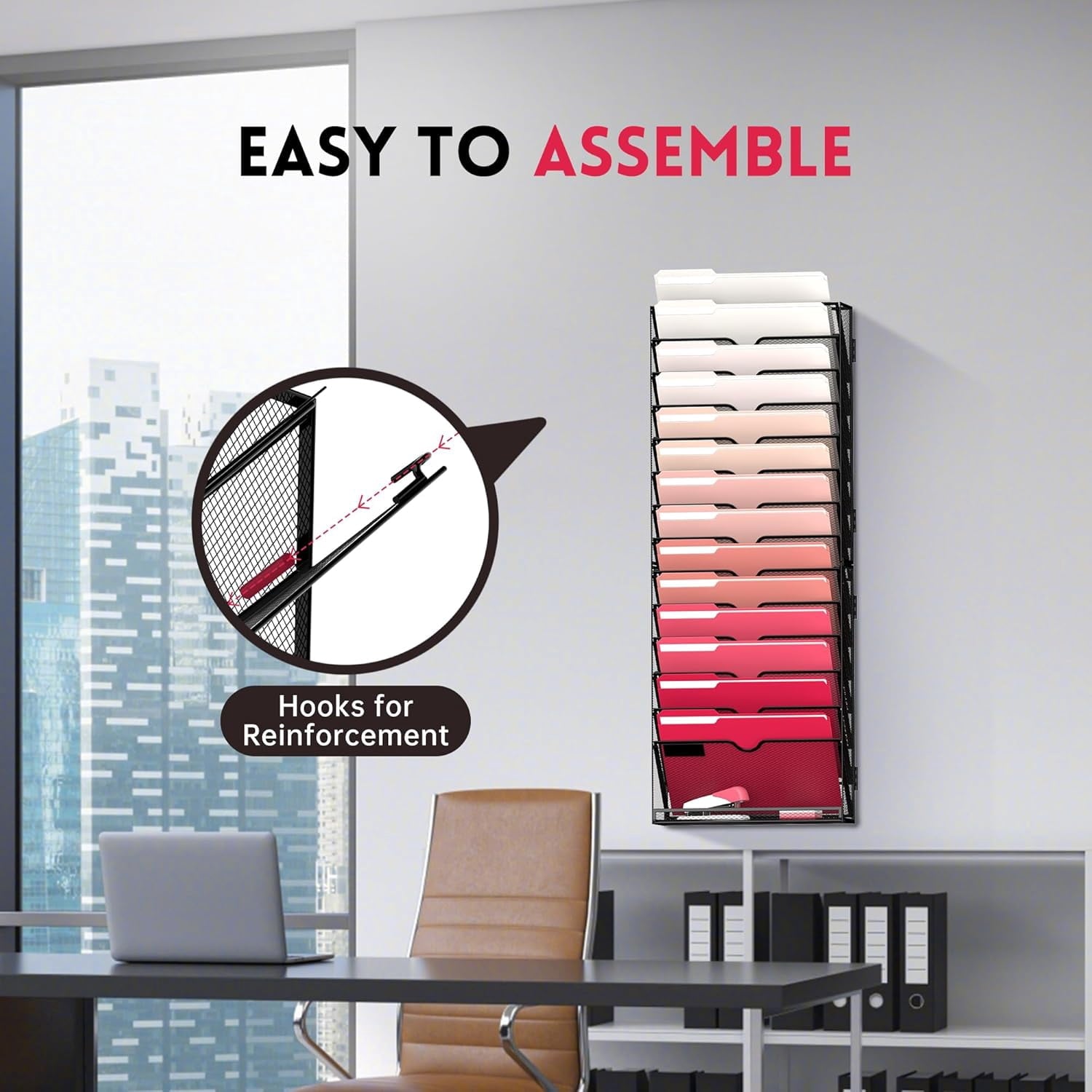 INTIGE 15-Tier Metal Hanging Wall Mount File Organizer, Wall File Holder, Screw Needed, Black - Image 3