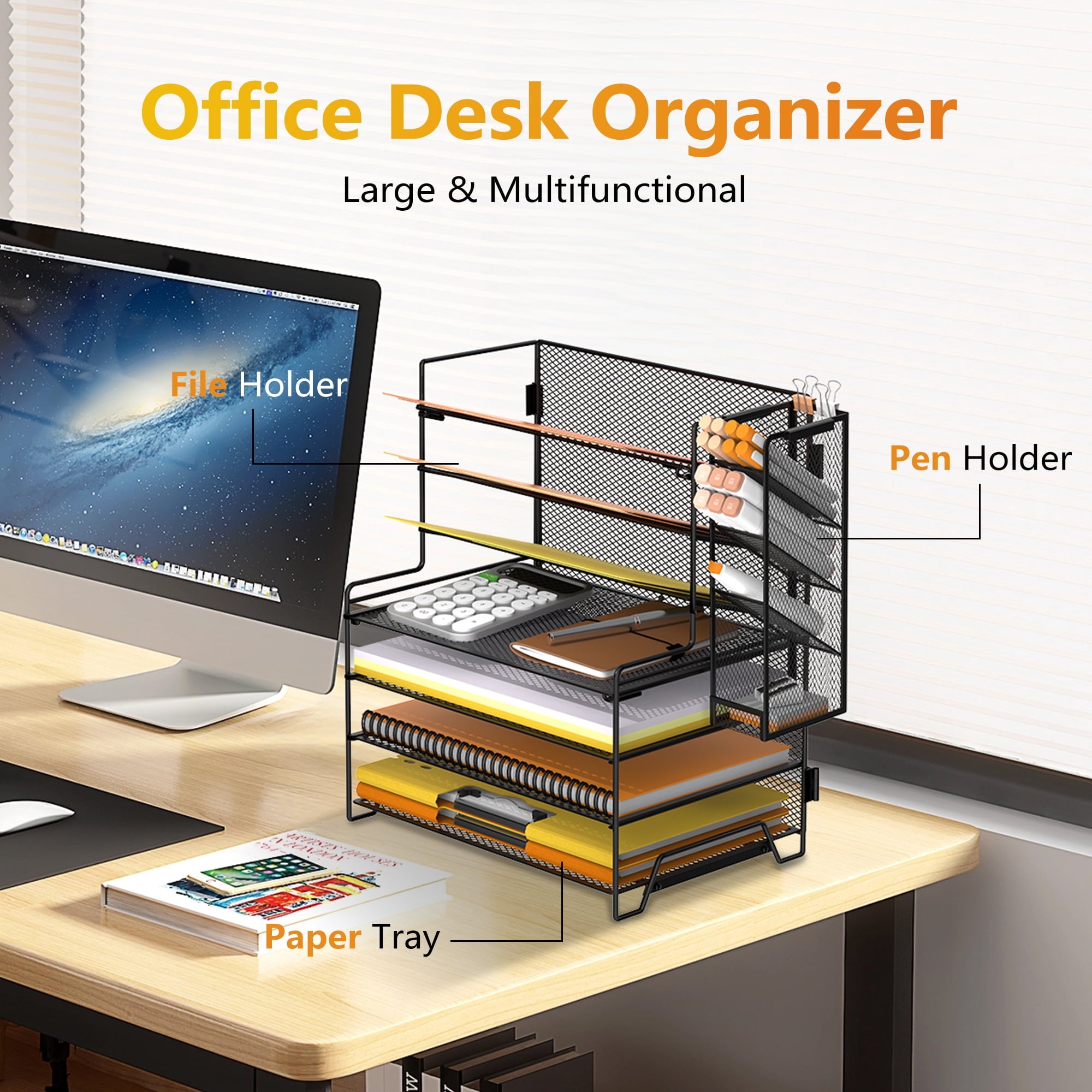 7-Tier Metal Mesh Desk File Organizer with 4 Pen Holder, Paper Organizer, Black - Image 4